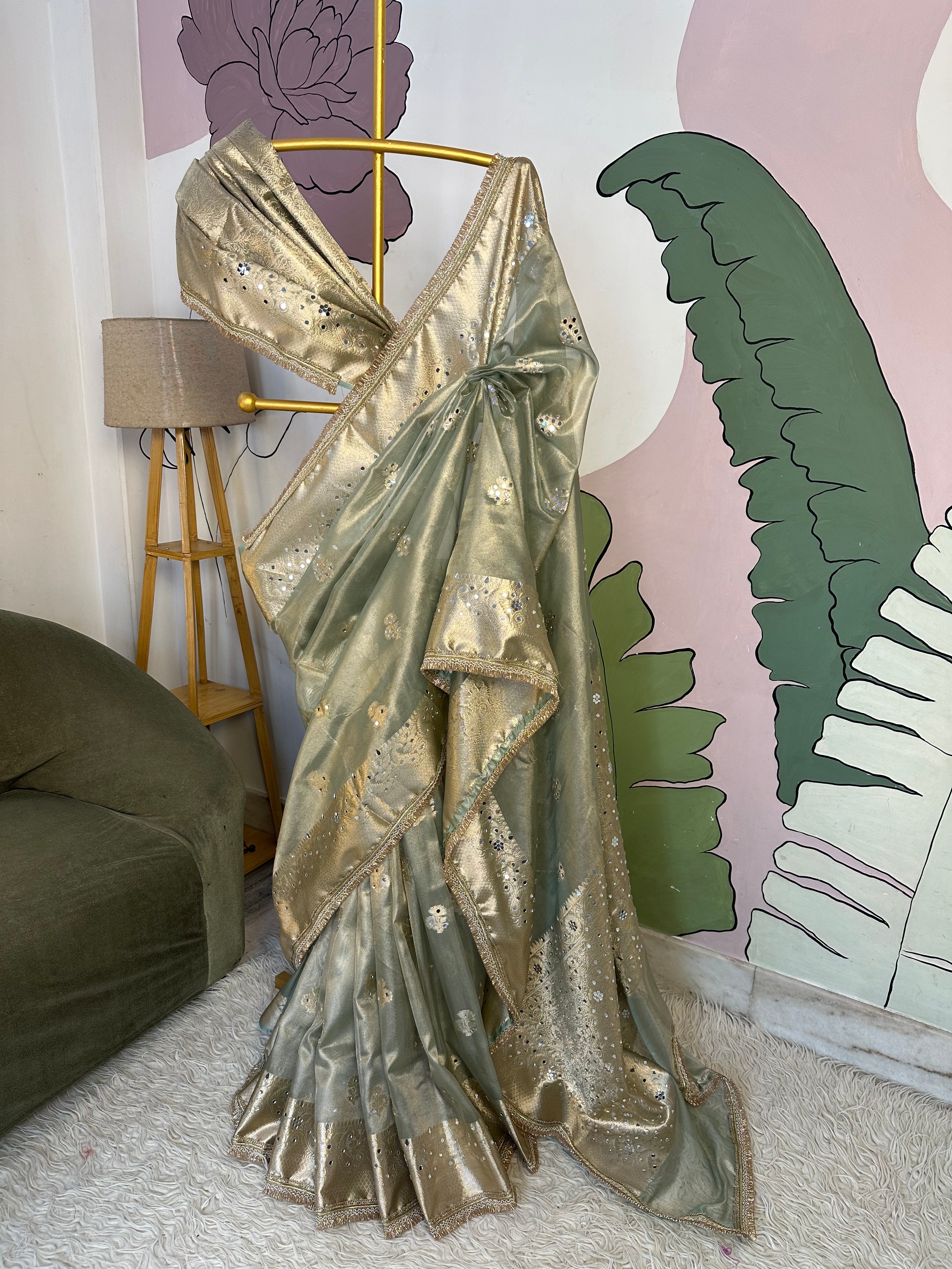 Sea Green Designer Banarasi Tissue Saree with mirror Work on all over Body with Intricate Border and Pallu Design Along with heavy mirror work and Gotta Patti Lace Work