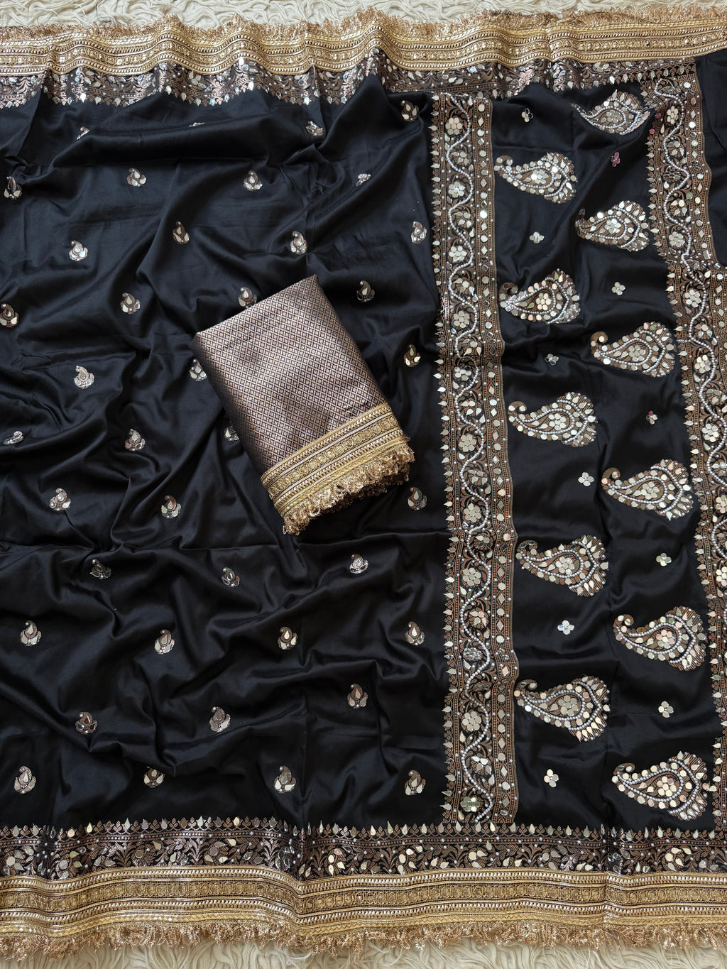 Designer Banarasi katan Saree with Pearl and mirror Work on all over Body with Intricate Border and Pallu Design Along with Gotta Patti Lace Work