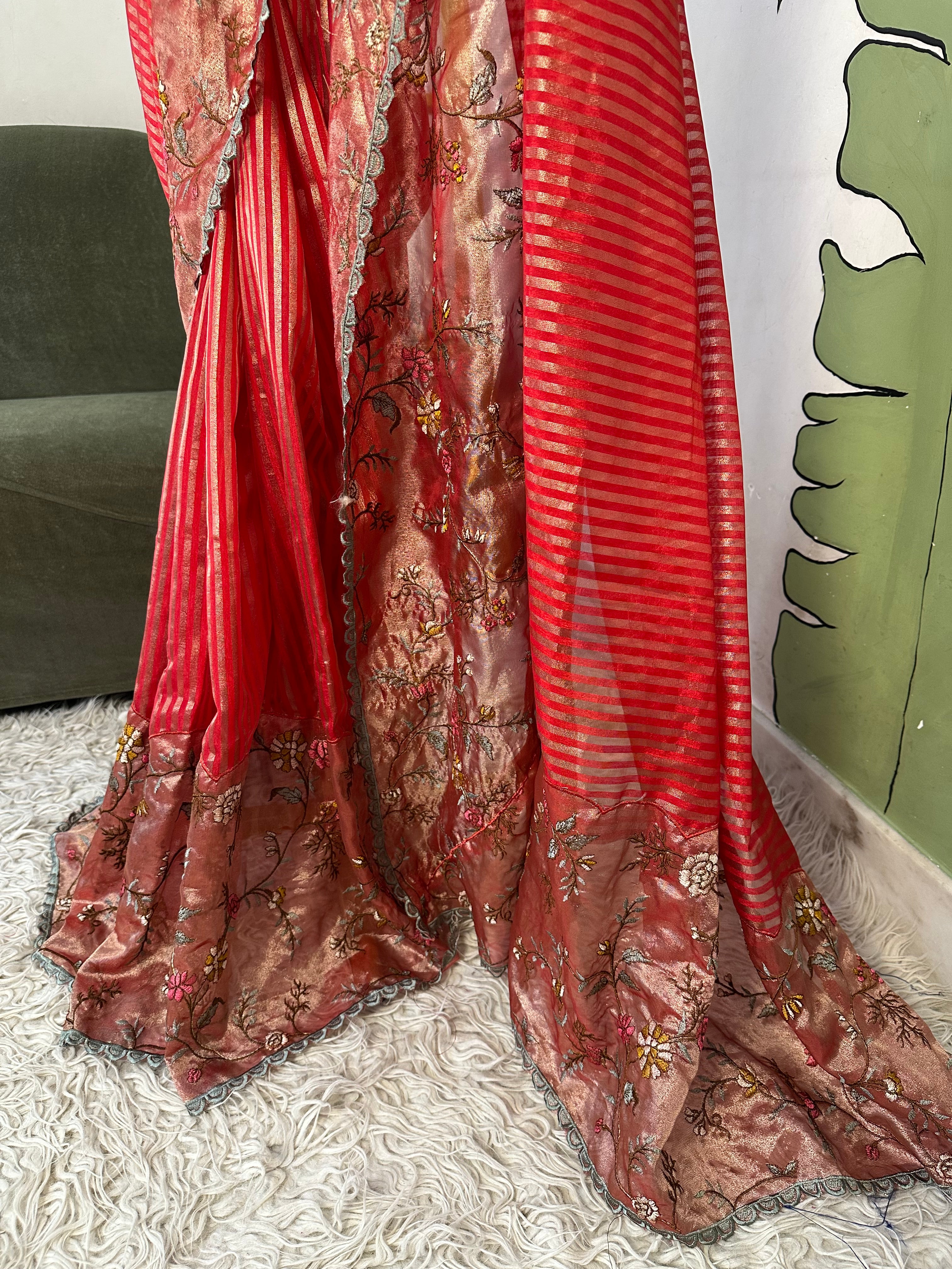 Red Designer Chiniya Tissue Silk Stripe Saree with multi color floral embroidered on Tissue Base