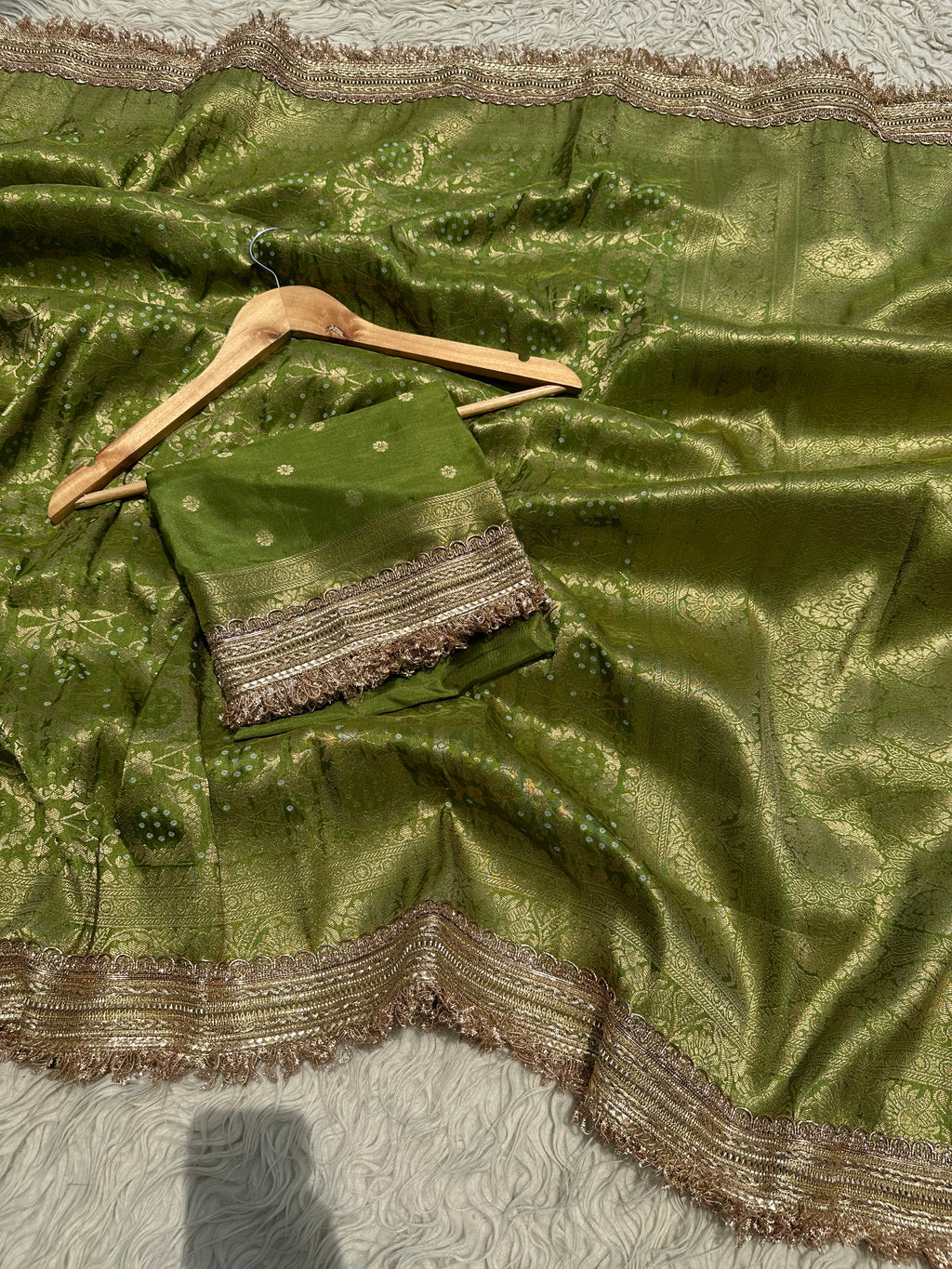 Mehndi Green Designer Georgette Katan Silk Saree with Gota Patti