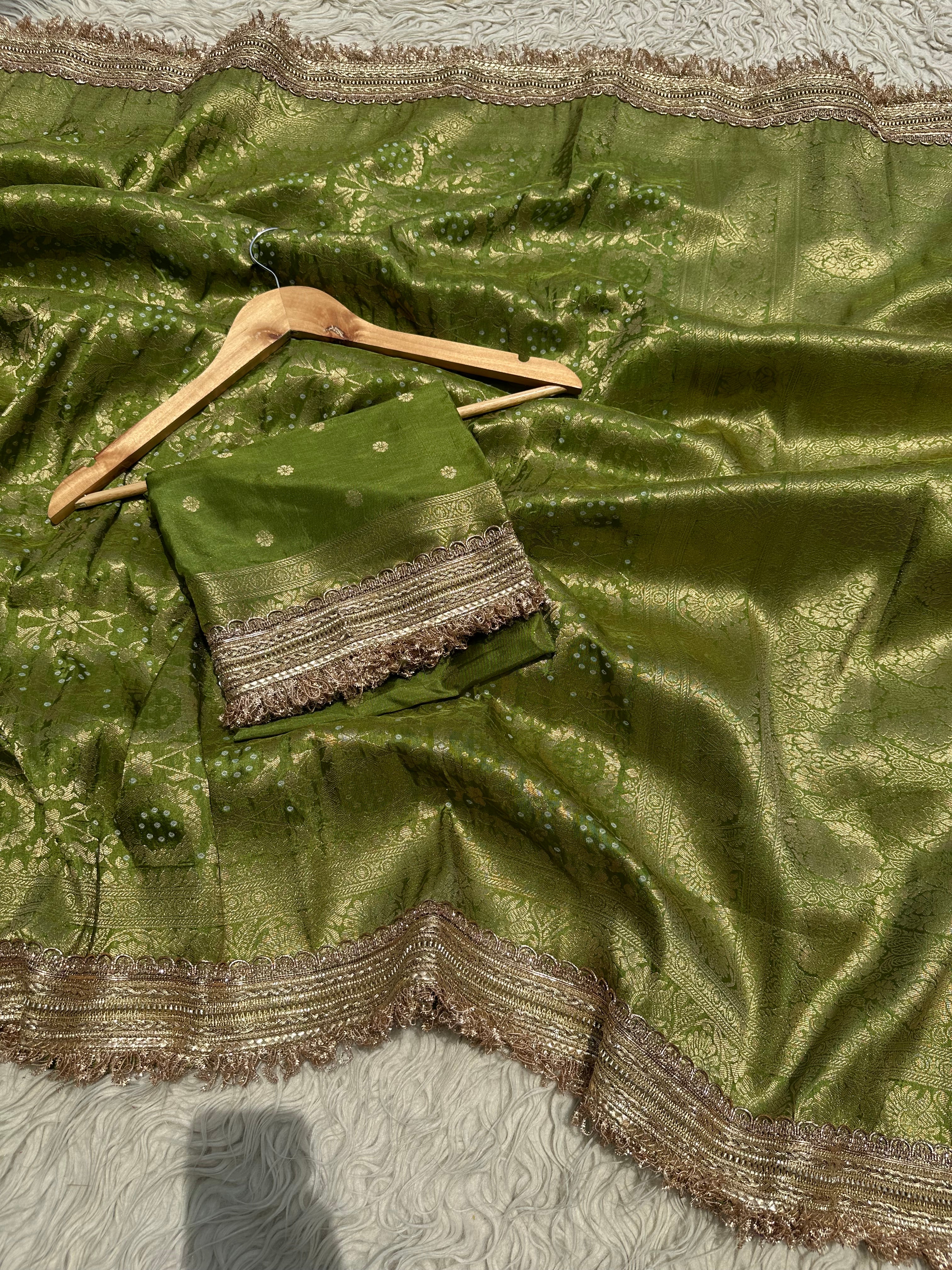 Mehndi Green Designer Georgette Katan Silk Saree with Gota Patti