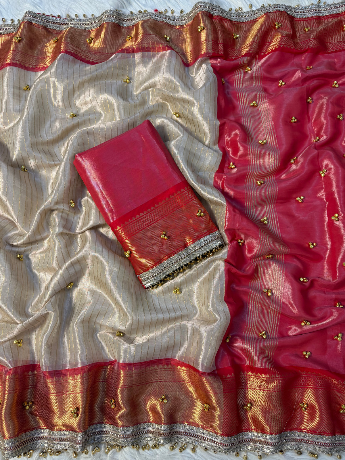 Ivory Red Banarasi tissue saree X ghungroo work