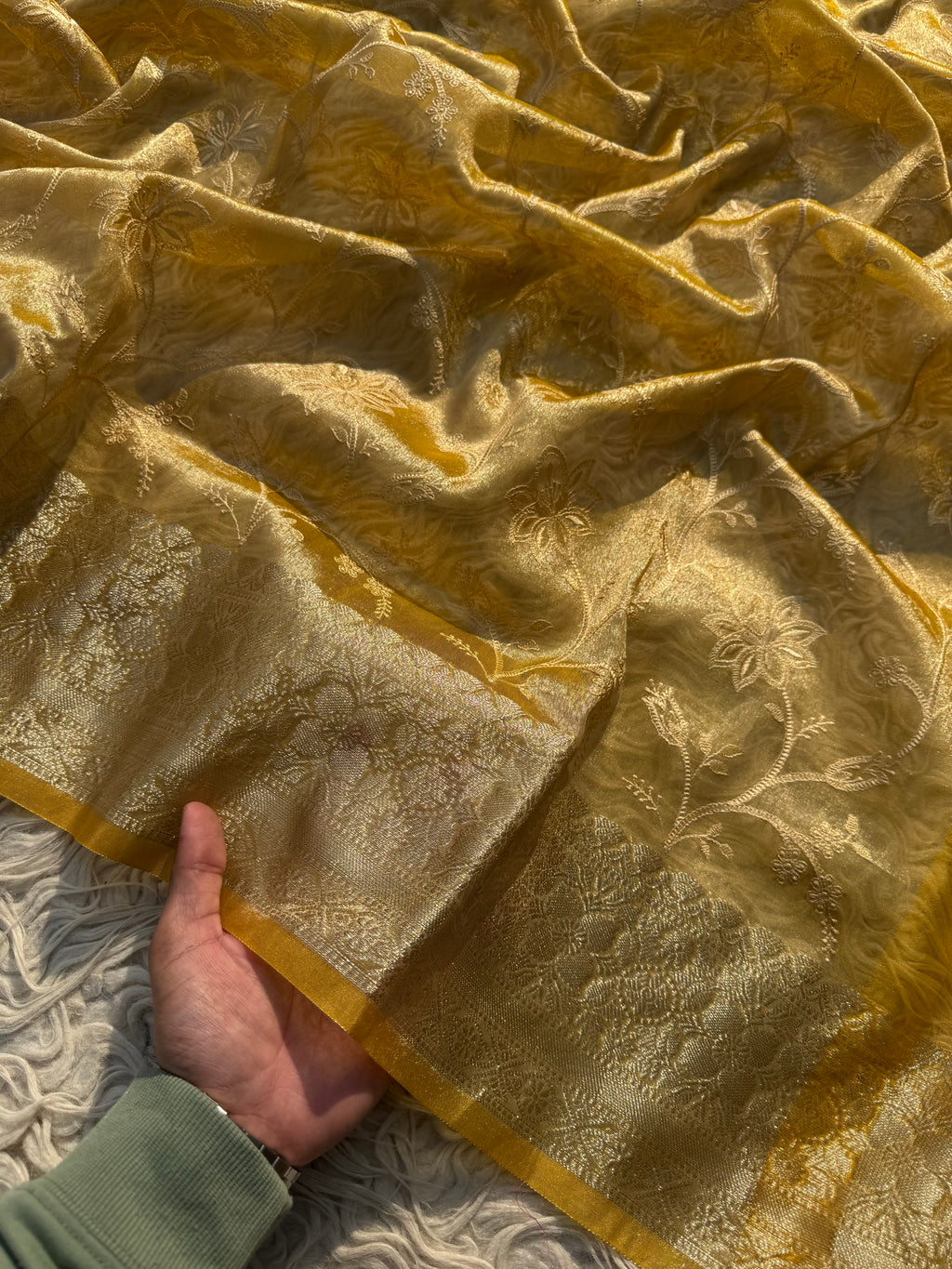 Golden Yellow Banarasi Embroidery Tissue Silk Saree