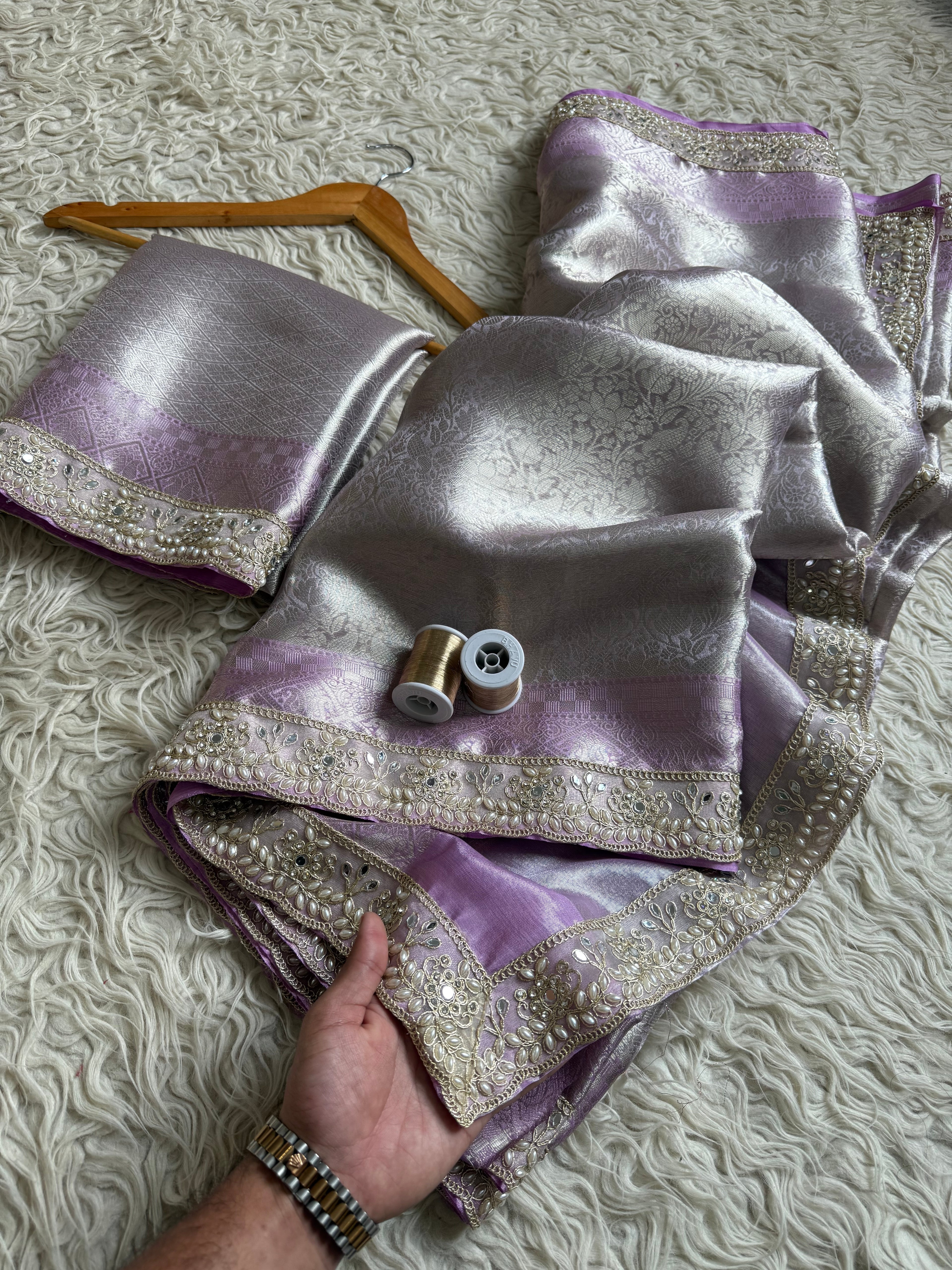 Lilac Bridal Kanjeevaram Brocade Tissue Saree with Designer Pearl and Mirror Lace Work