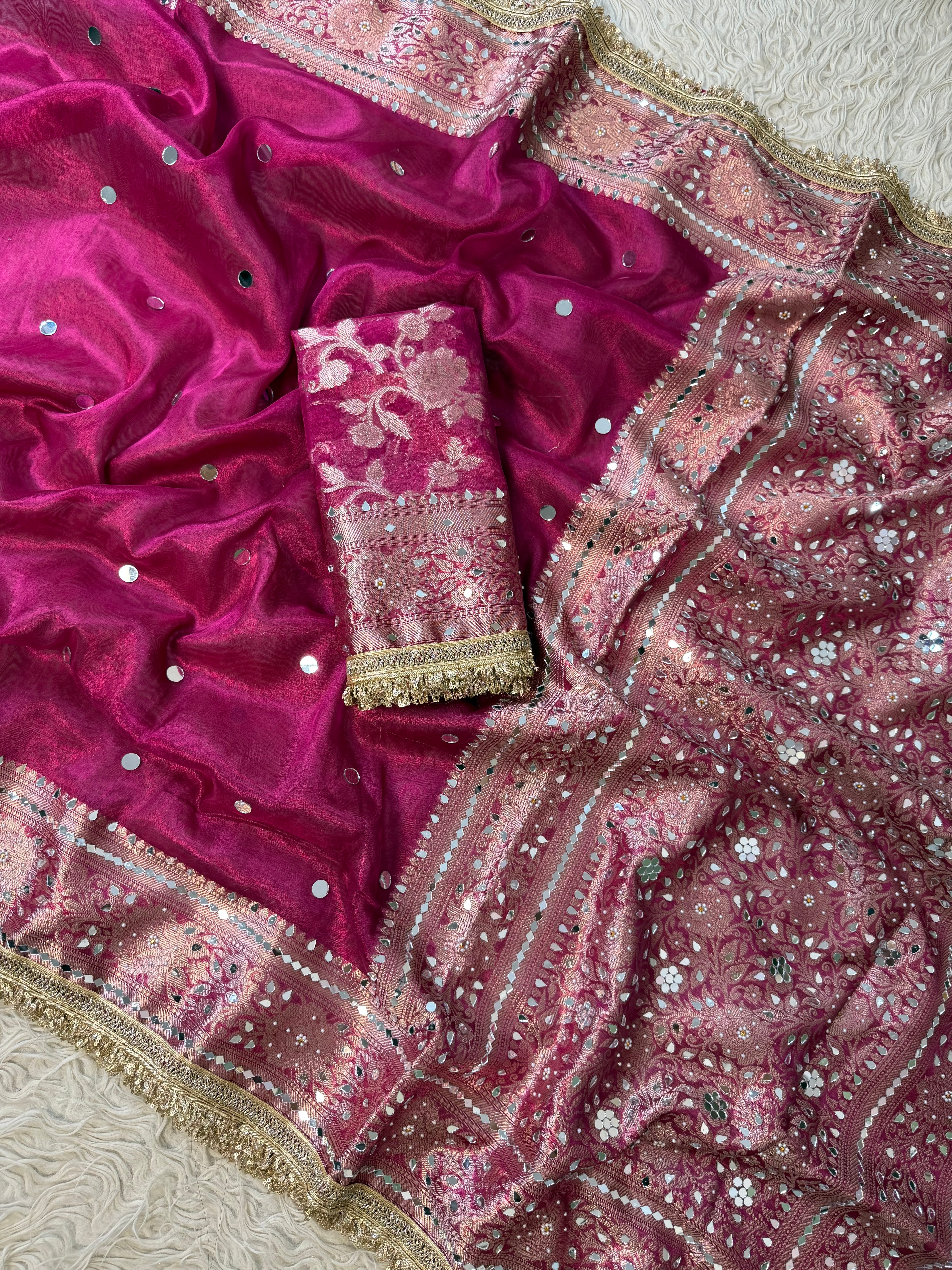 Designer Banarasi Tissue Saree with Pearl and mirror Work on all over Body with Intricate Border and Pallu Design Along with Gotta Patti Lace Work