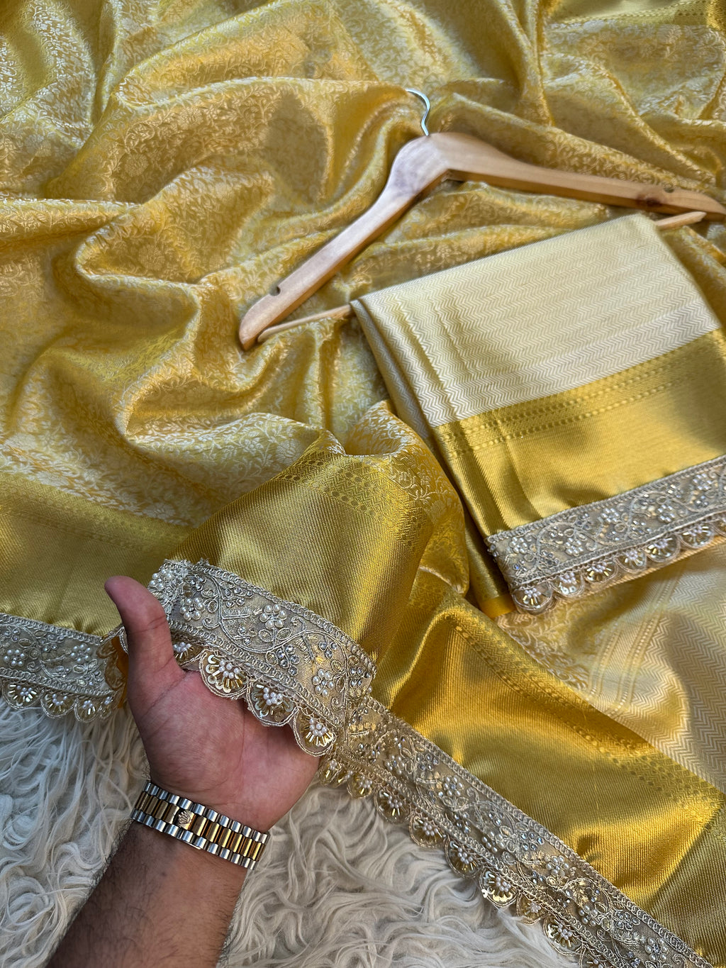 Gold Bridal Kanjeevaram Brocade Tissue Saree with Designer Pearl and Mirror Lace Work Jhalar Lace on Pallu 