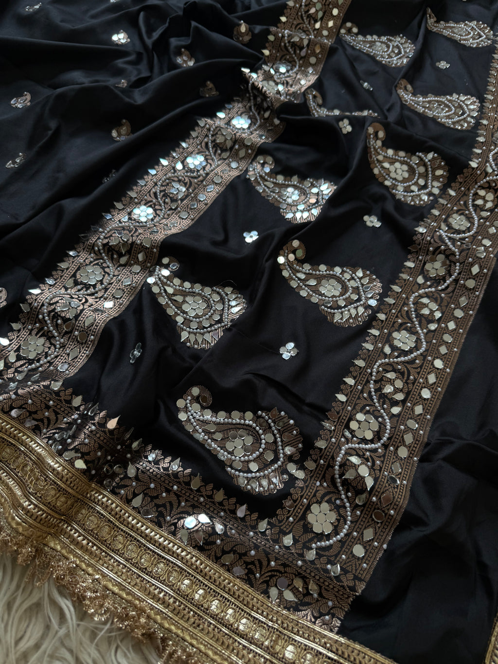 Designer Banarasi katan Saree with Pearl and mirror Work on all over Body with Intricate Border and Pallu Design Along with Gotta Patti Lace Work