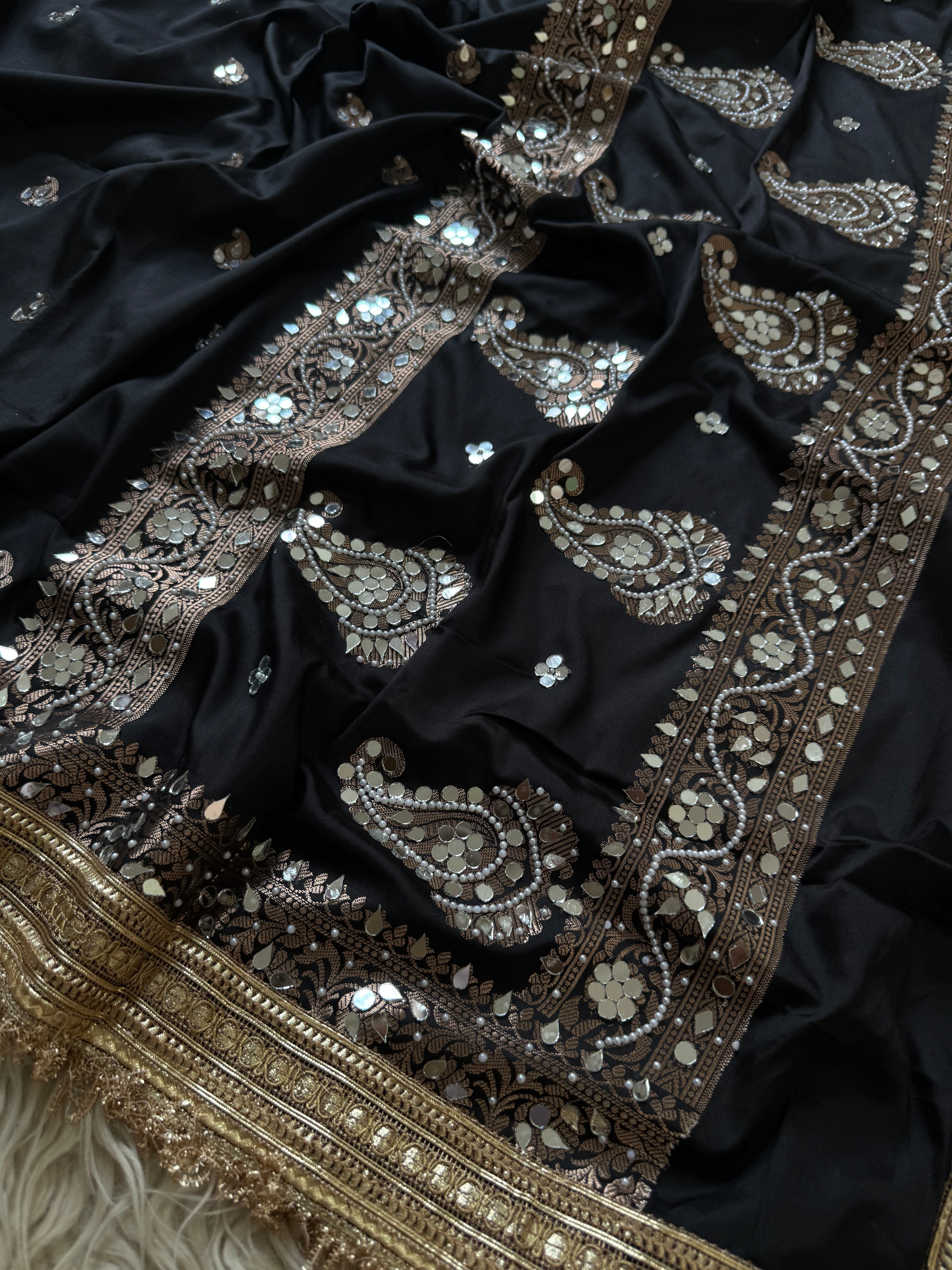 Designer Banarasi katan Saree with Pearl and mirror Work on all over Body with Intricate Border and Pallu Design Along with Gotta Patti Lace Work