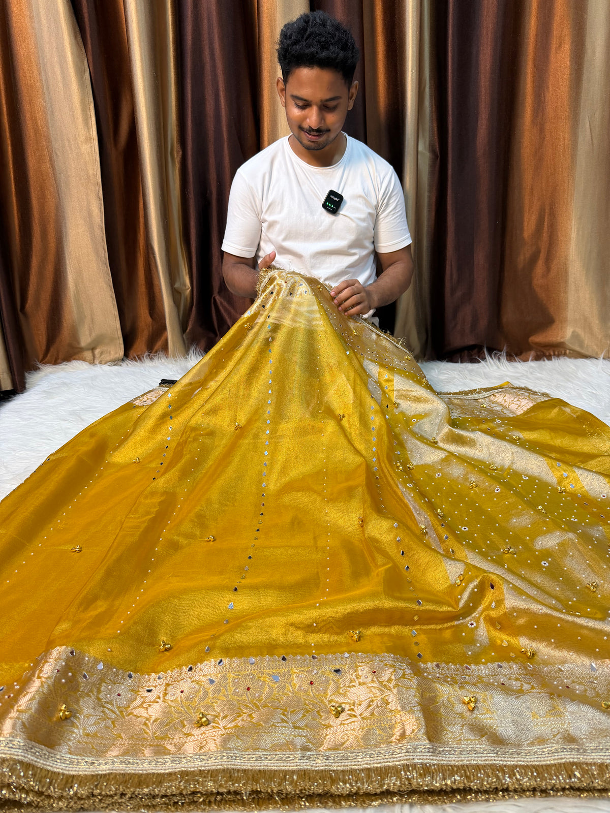Yellow Banarasi tissue saree X ghungroo and mirror work