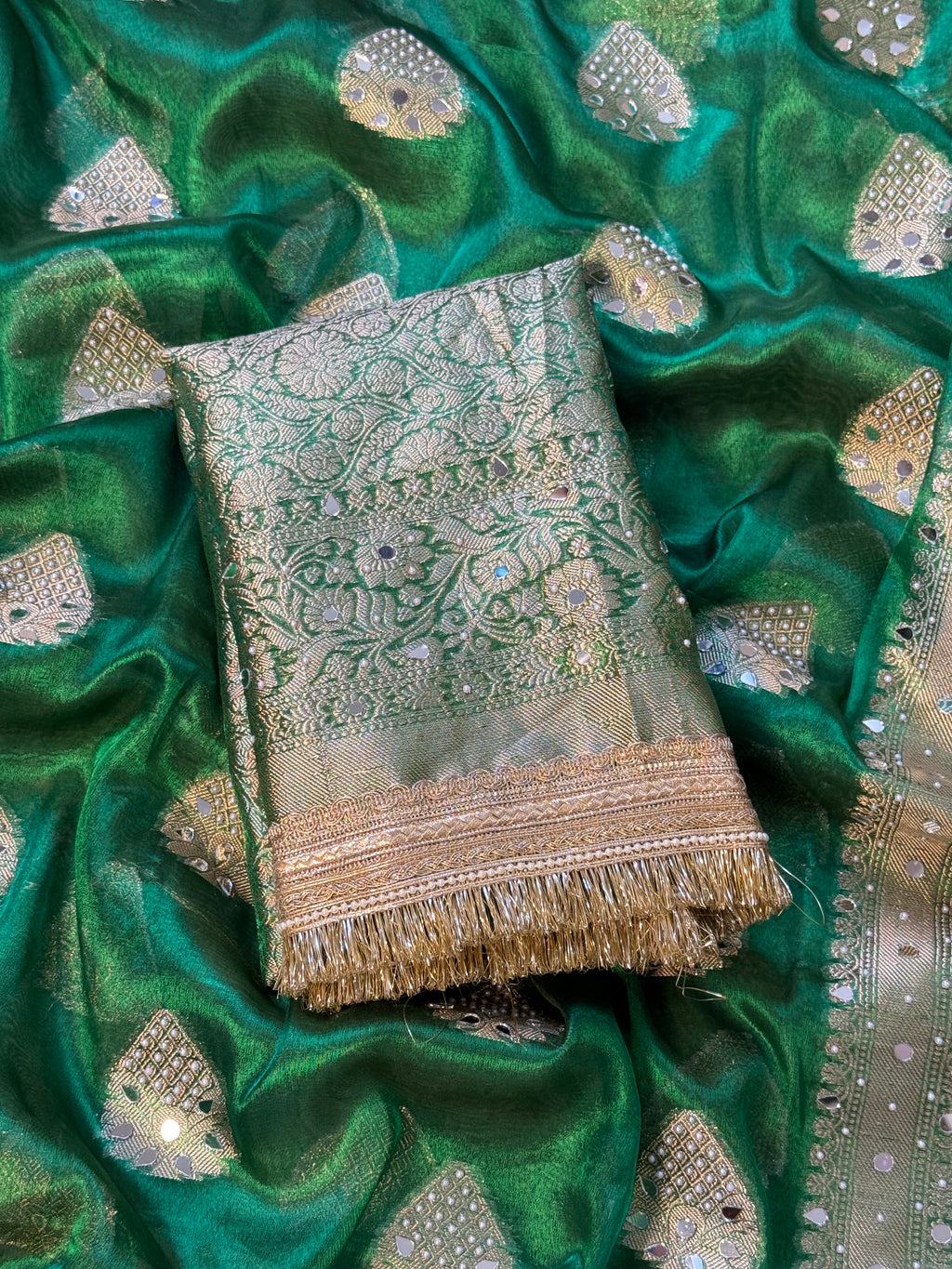 Designer Banarasi Tissue Saree with Pearl and mirror Work on all over Body with Intricate Border and Pallu Design Along with Gotta Patti Lace Work