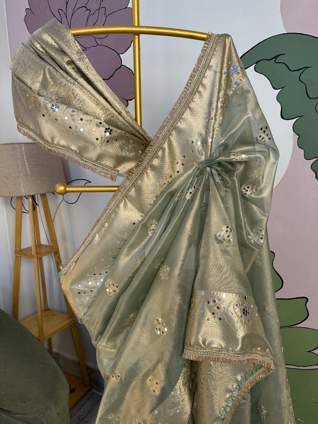 Sea Green Designer Banarasi Tissue Saree with mirror Work on all over Body with Intricate Border and Pallu Design Along with heavy mirror work and Gotta Patti Lace Work