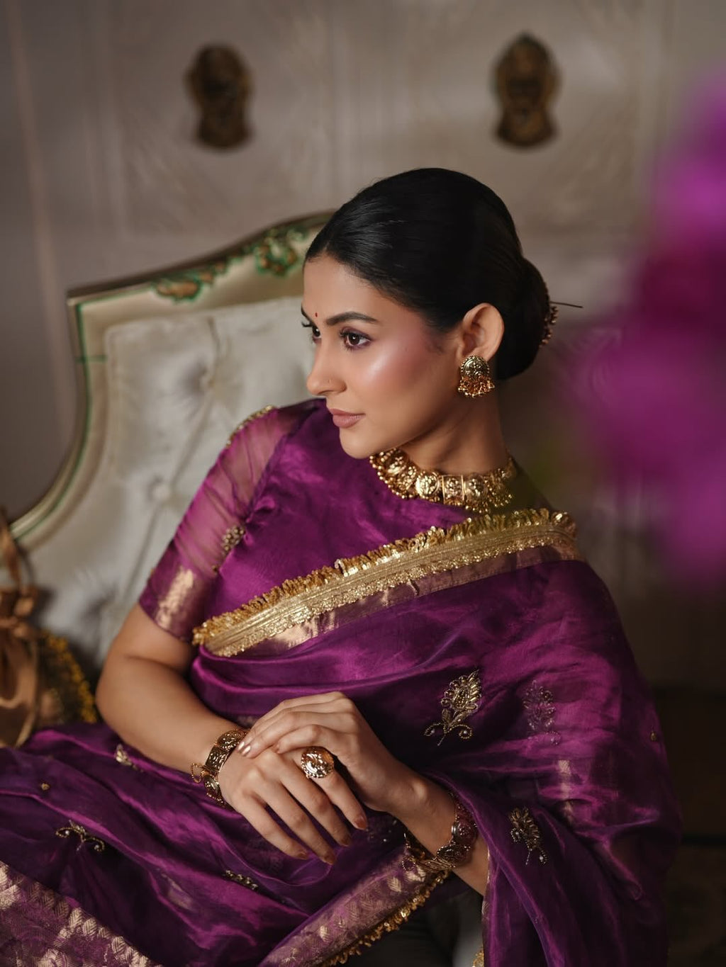 Purple 100%Pure Banarasi Tissue Saree with Hand Work on all over Body with Intricate Border and Pallu Design Along with diamond  Lace Work