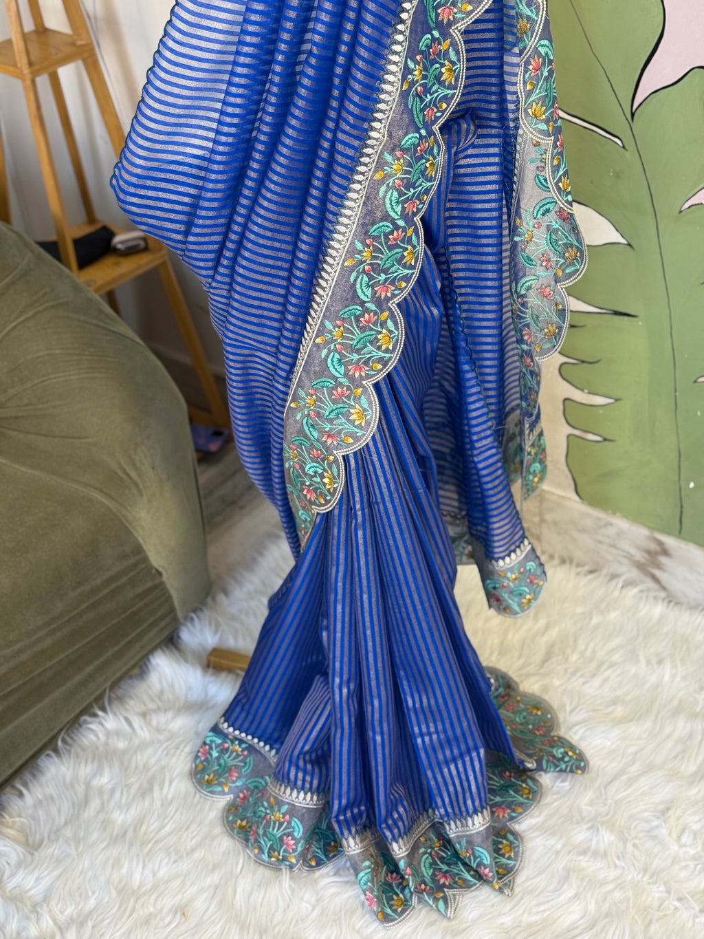 Royal Blue Designer Chiniya Tissue Silk Stripe Saree with multi color floral embroidered on Tissue Base
