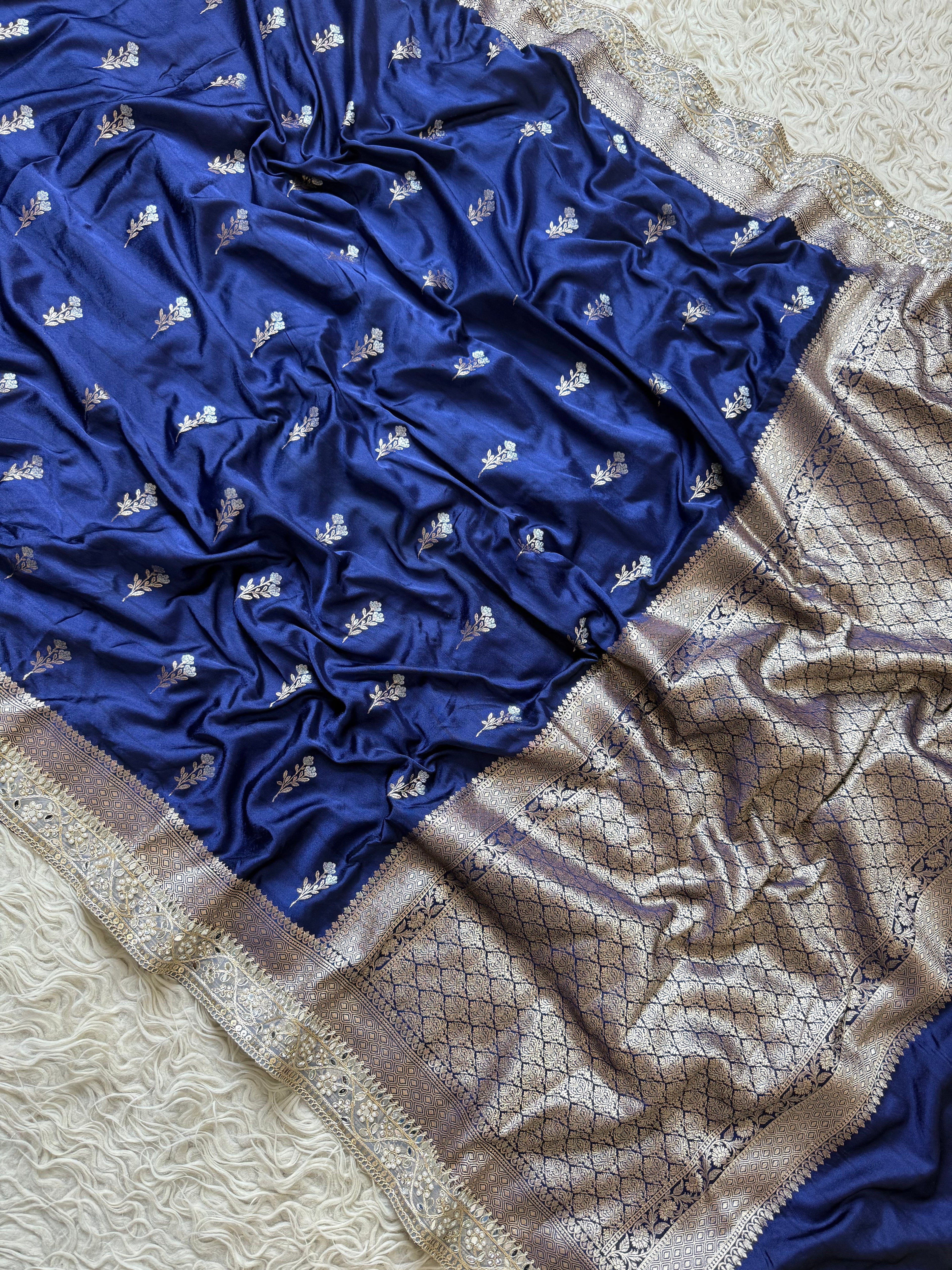 Banarasi Mashru Silk Saree All Over Alfi Meena Buta with pearl and mirror lace border
