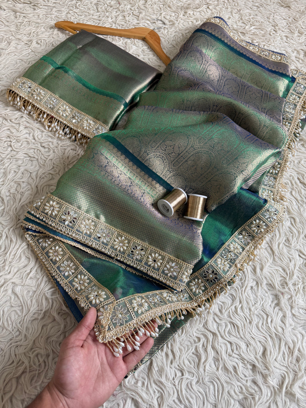 Peacock Bridal Kanjeevaram Brocade Tissue Saree with Designer Pearl and Mirror Lace Work Jhalar Lace on Pallu