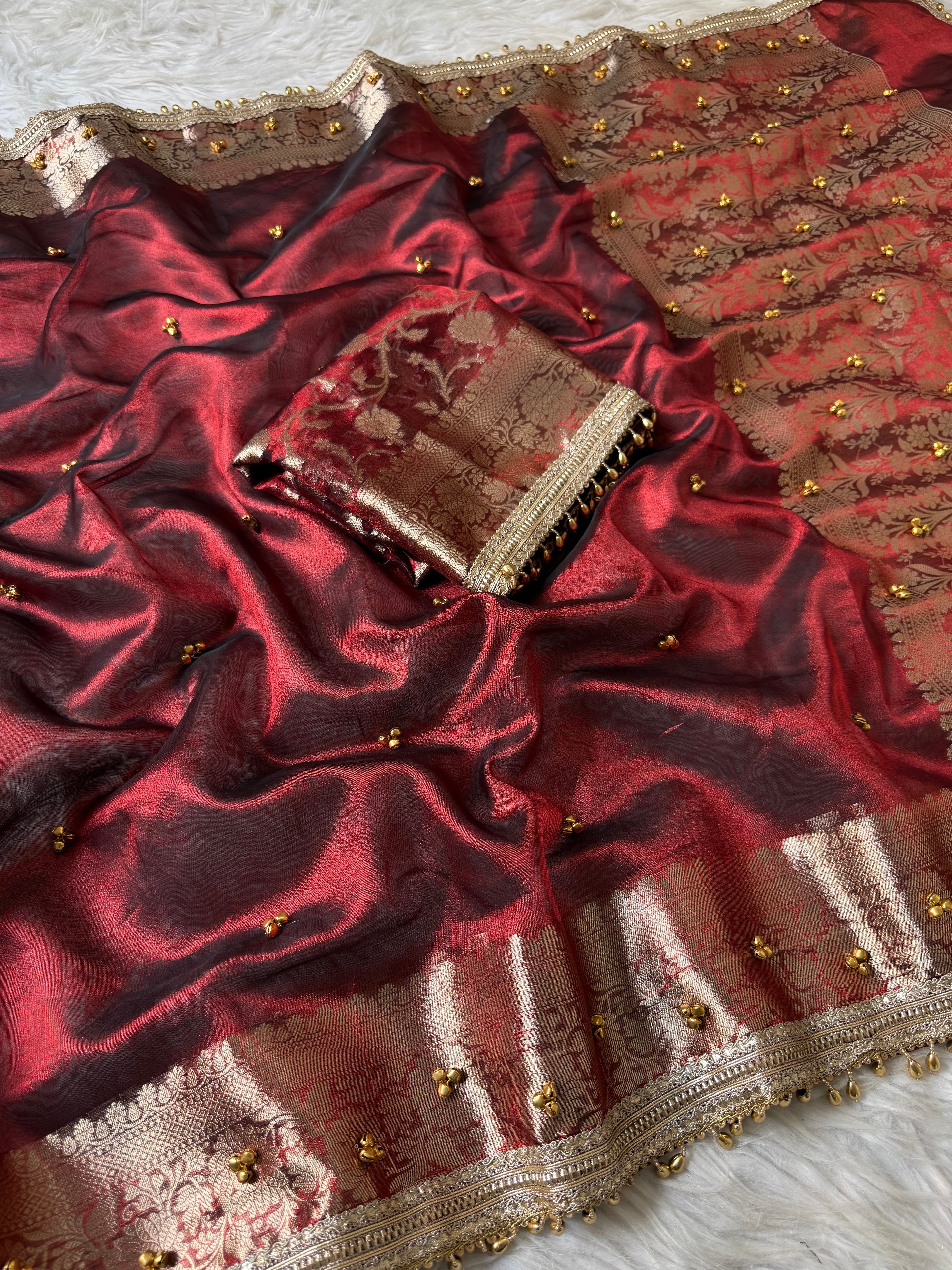 Red carmine Banarasi tissue saree X ghungroo work