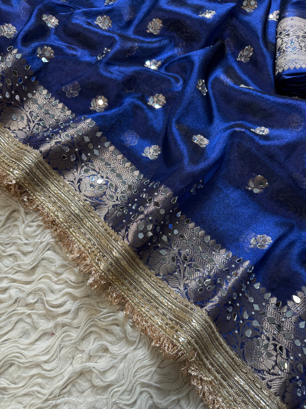 Designer Banarasi Tissue Saree with Pearl Work on all over Body with Intricate Border and Pallu Design Along with Gotta Patti Lace Work