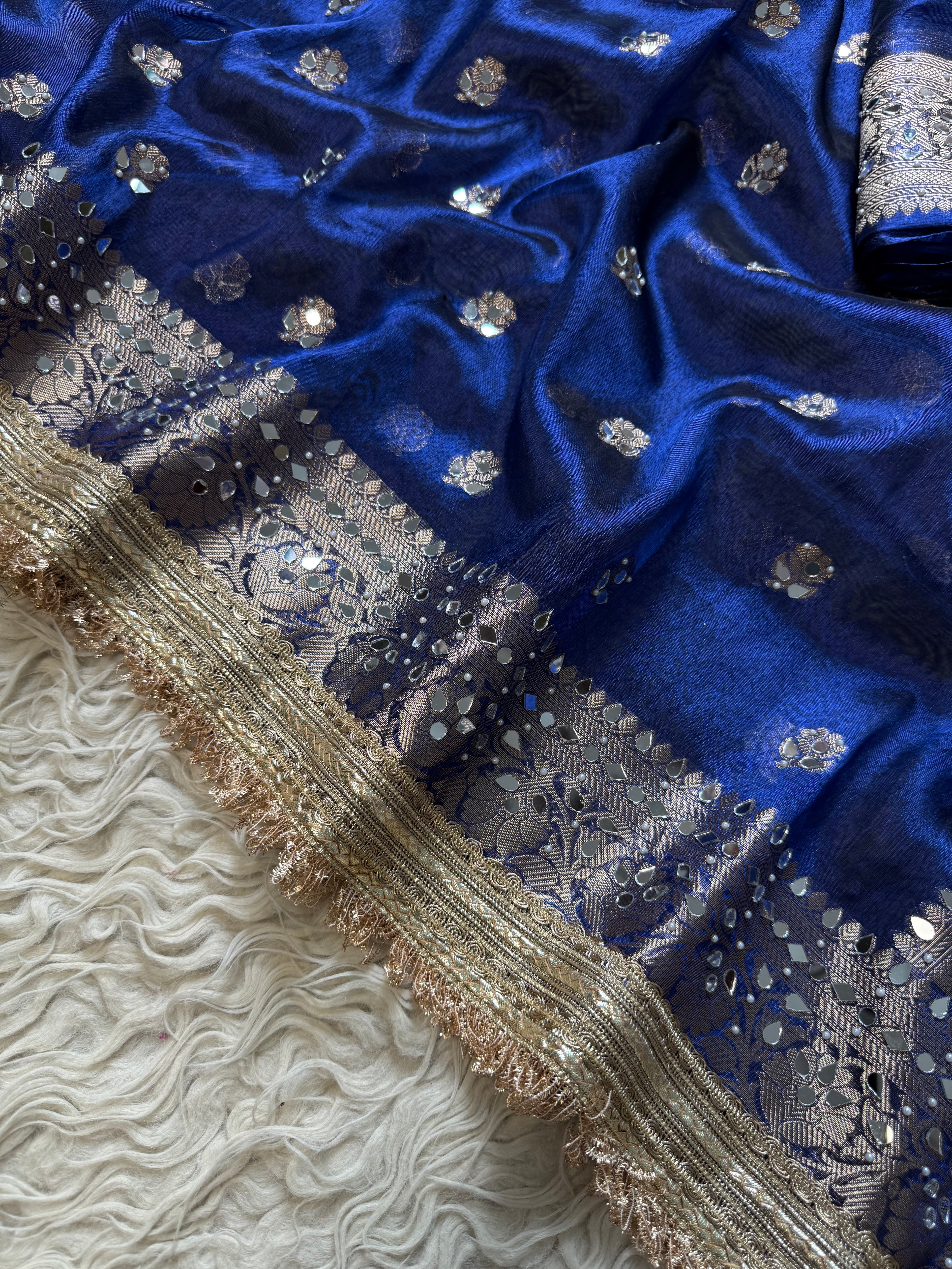 Designer Banarasi Tissue Saree with Pearl Work on all over Body with Intricate Border and Pallu Design Along with Gotta Patti Lace Work