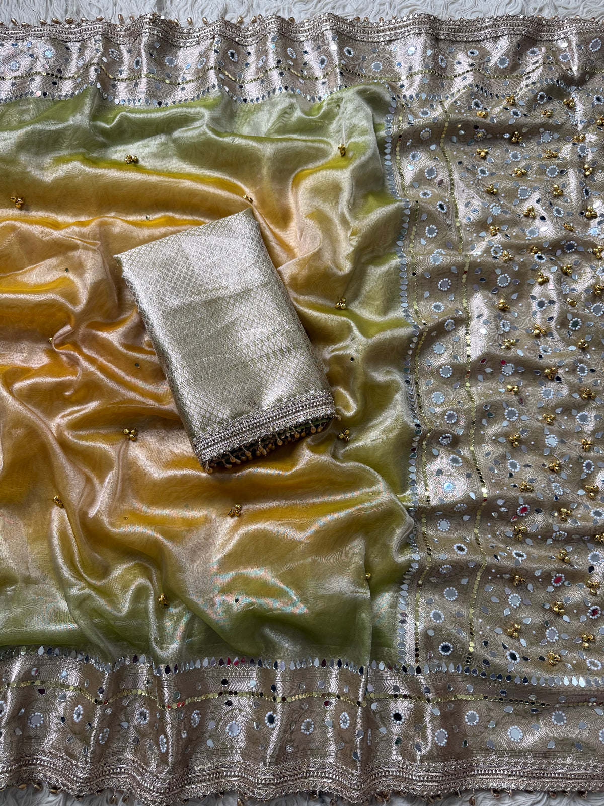 Duo Green yellow Banarasi tissue saree X ghungroo and mirror work