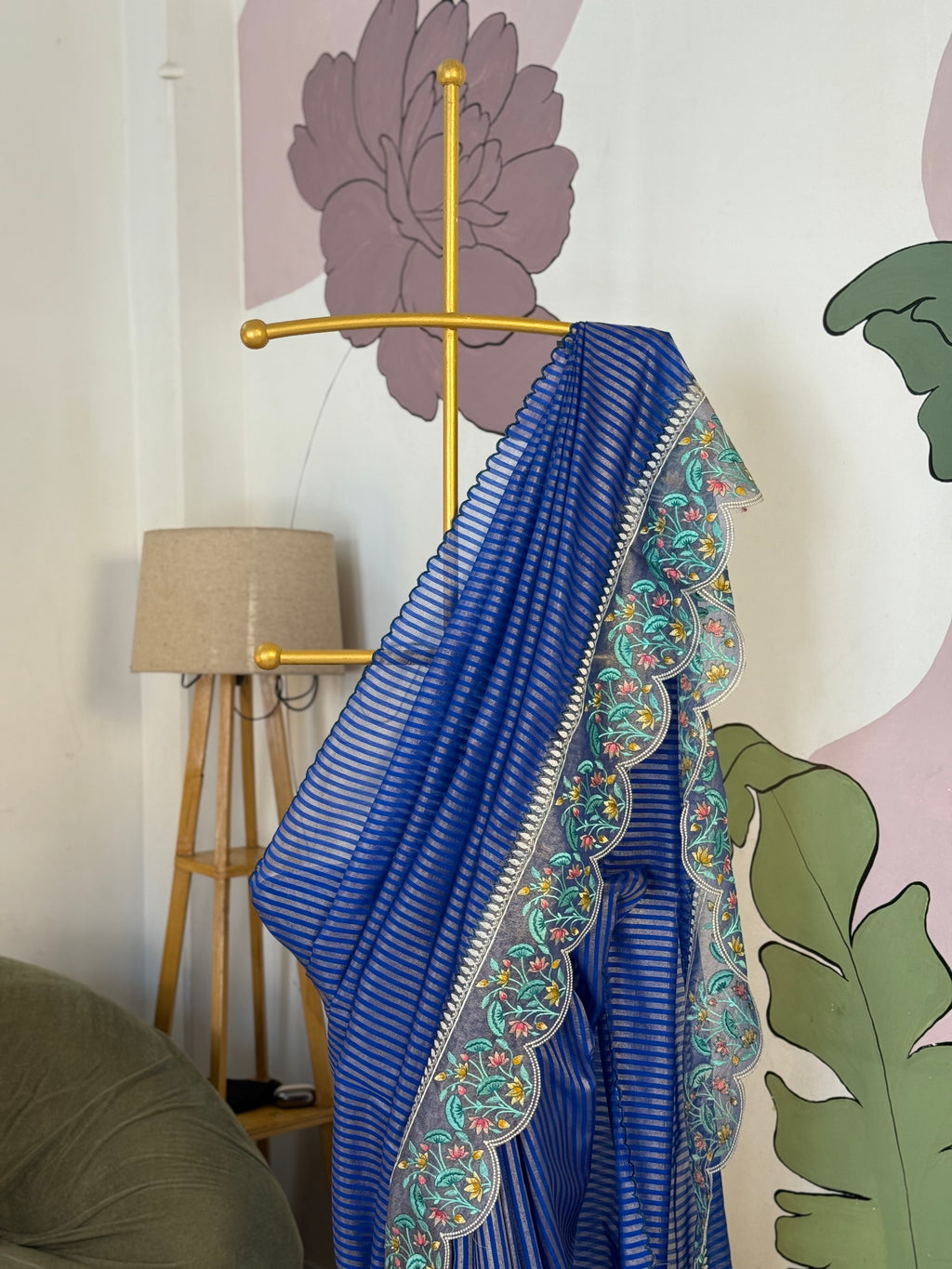 Royal Blue Designer Chiniya Tissue Silk Stripe Saree with multi color floral embroidered on Tissue Base