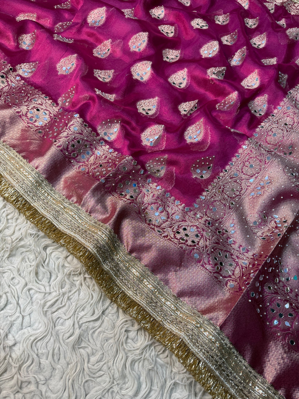 Rani pink Designer Banarasi Tissue Buta Saree with Pearl and mirror Work on all over Body with Intricate Border and Gotta Patti Lace Work
