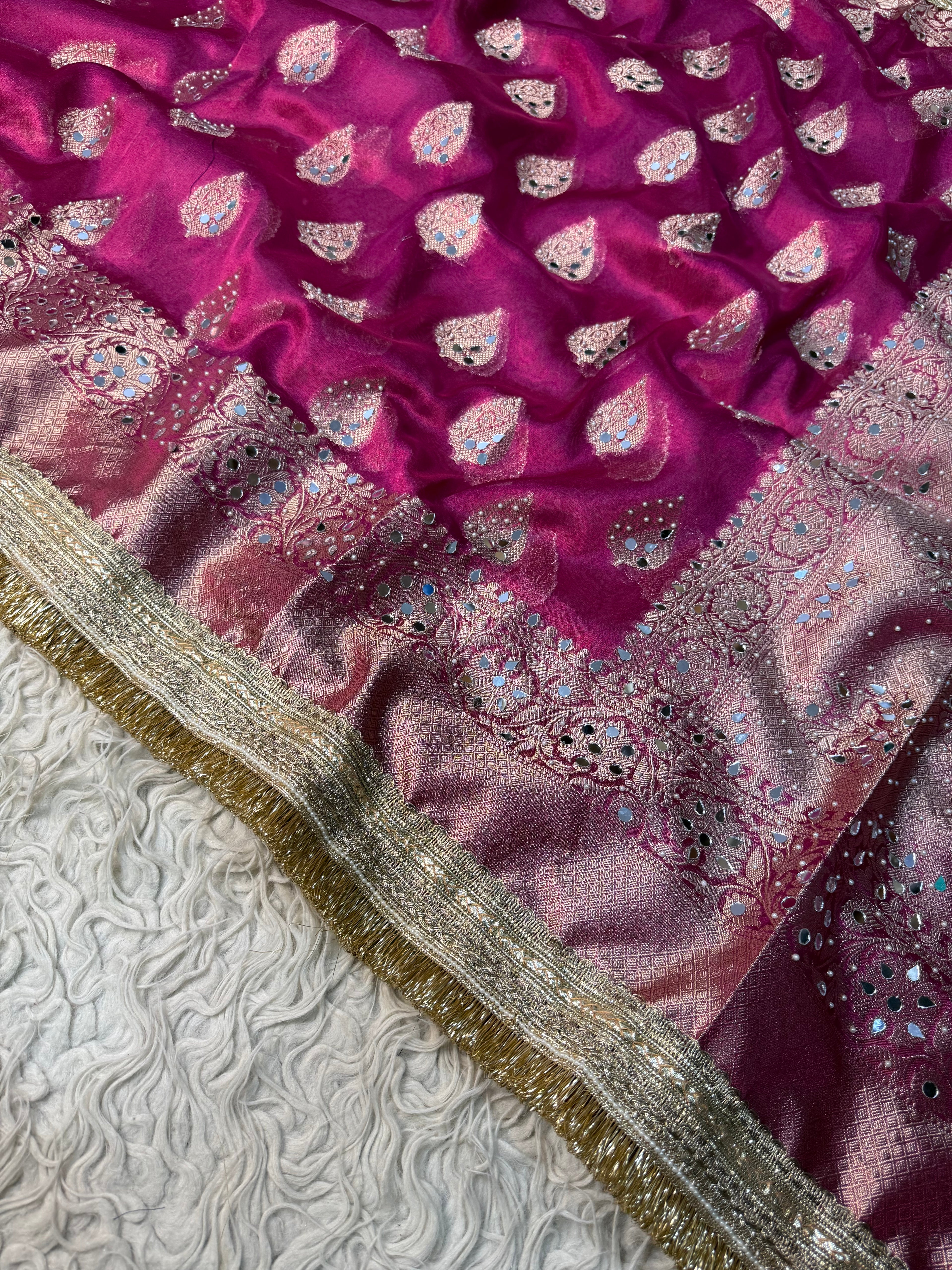 Rani pink Designer Banarasi Tissue Buta Saree with Pearl and mirror Work on all over Body with Intricate Border and Gotta Patti Lace Work