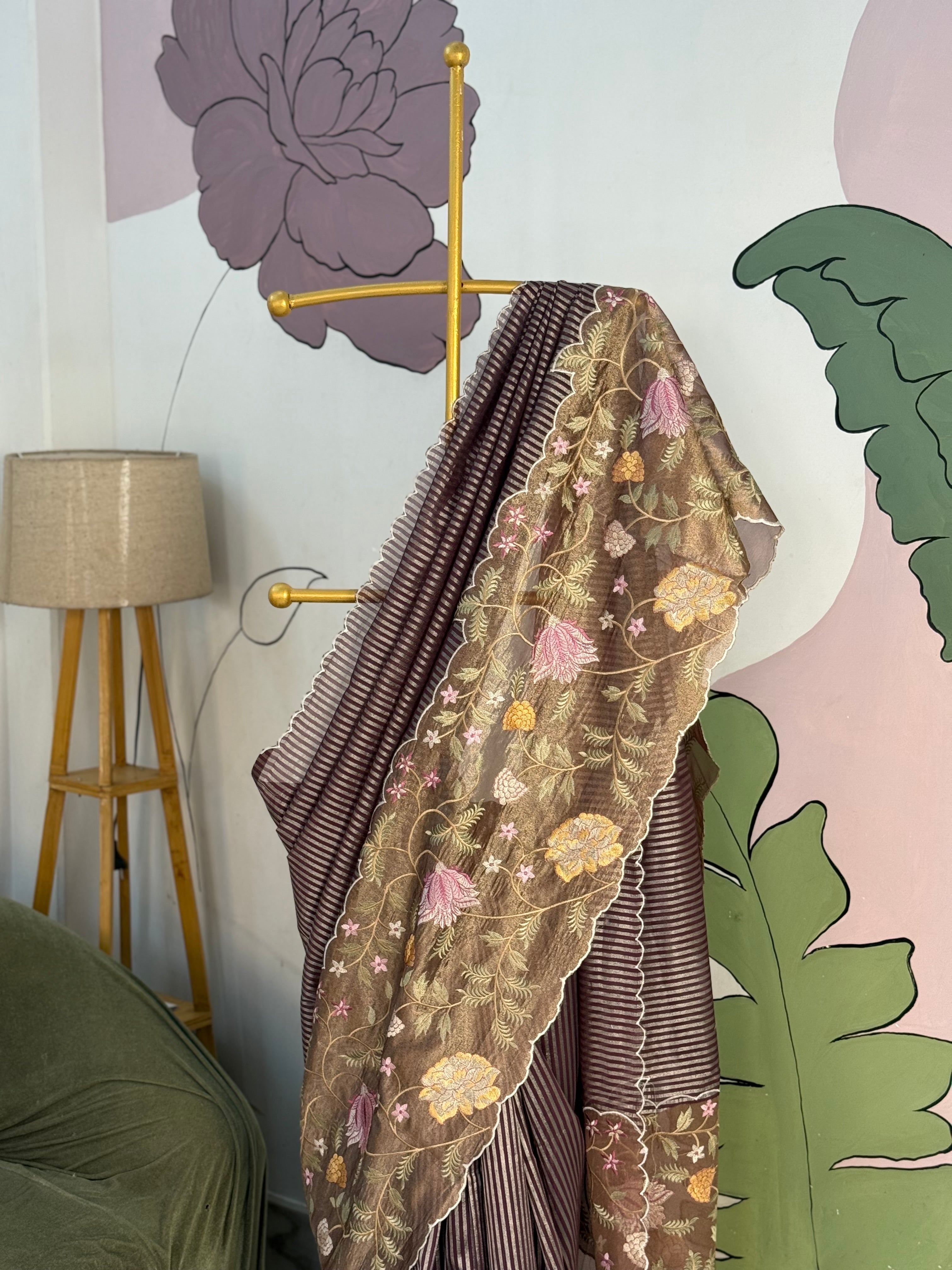 Brown Designer Chiniya Tissue Silk Stripe Saree with multi color floral embroidered on Tissue Base