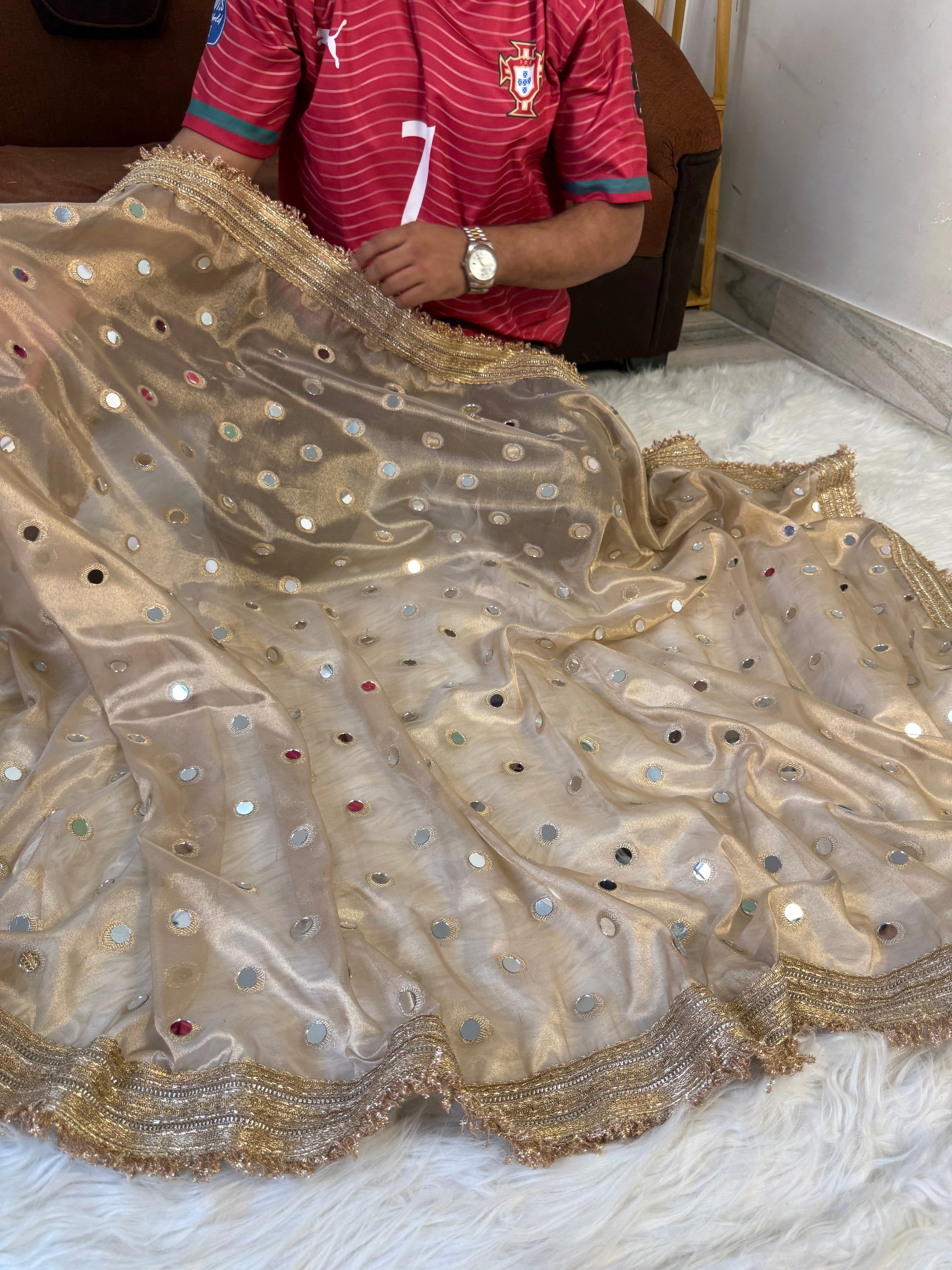 Designer Banarasi Tissue Saree with Pearl and mirror Work on all over Body with Intricate Border and Pallu Design Along with Gotta Patti Lace Work