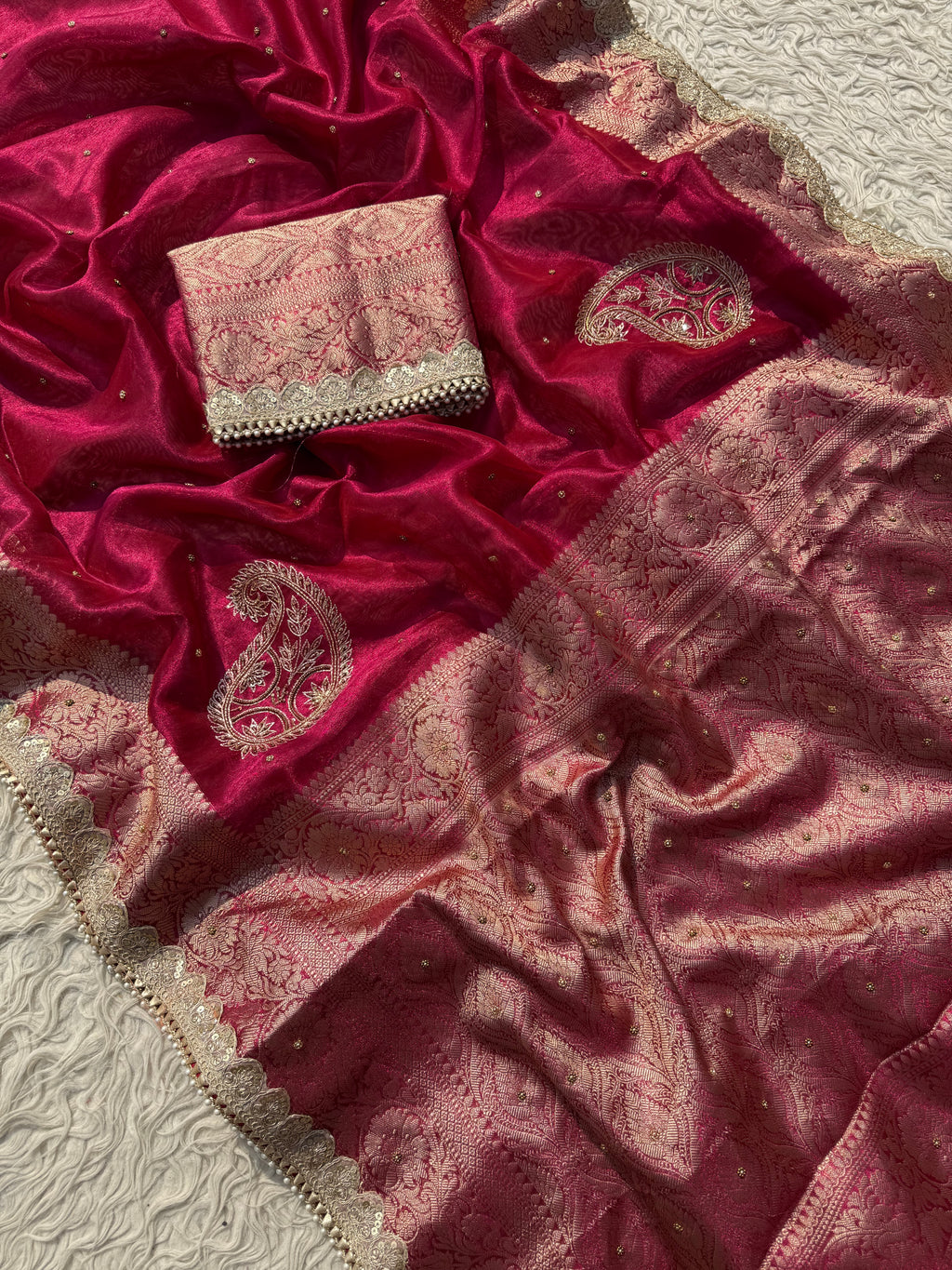 Designer rani Tissue Saree with Pearl and Mirror Work Border Attached Jhalar Pearl in Pallu and Elegant Jaal Pattern Blouse Piece