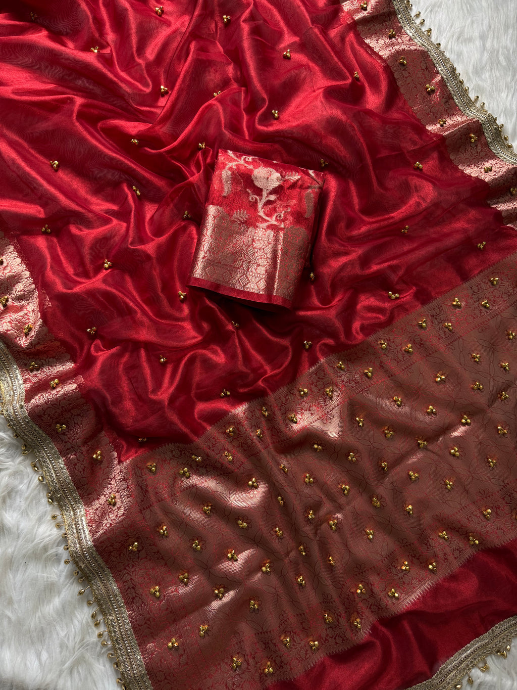 Red Banarasi tissue saree X ghungroo work