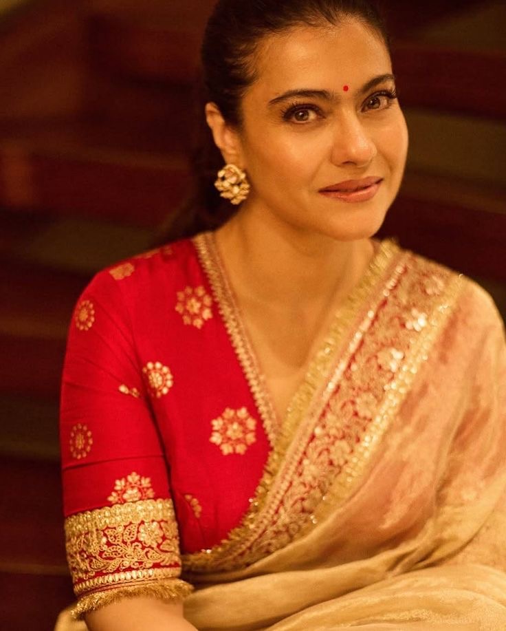 Kajol Inspired Ivory Tissue Silk Saree with Red Velvet Lace border with contrast Red Blouse