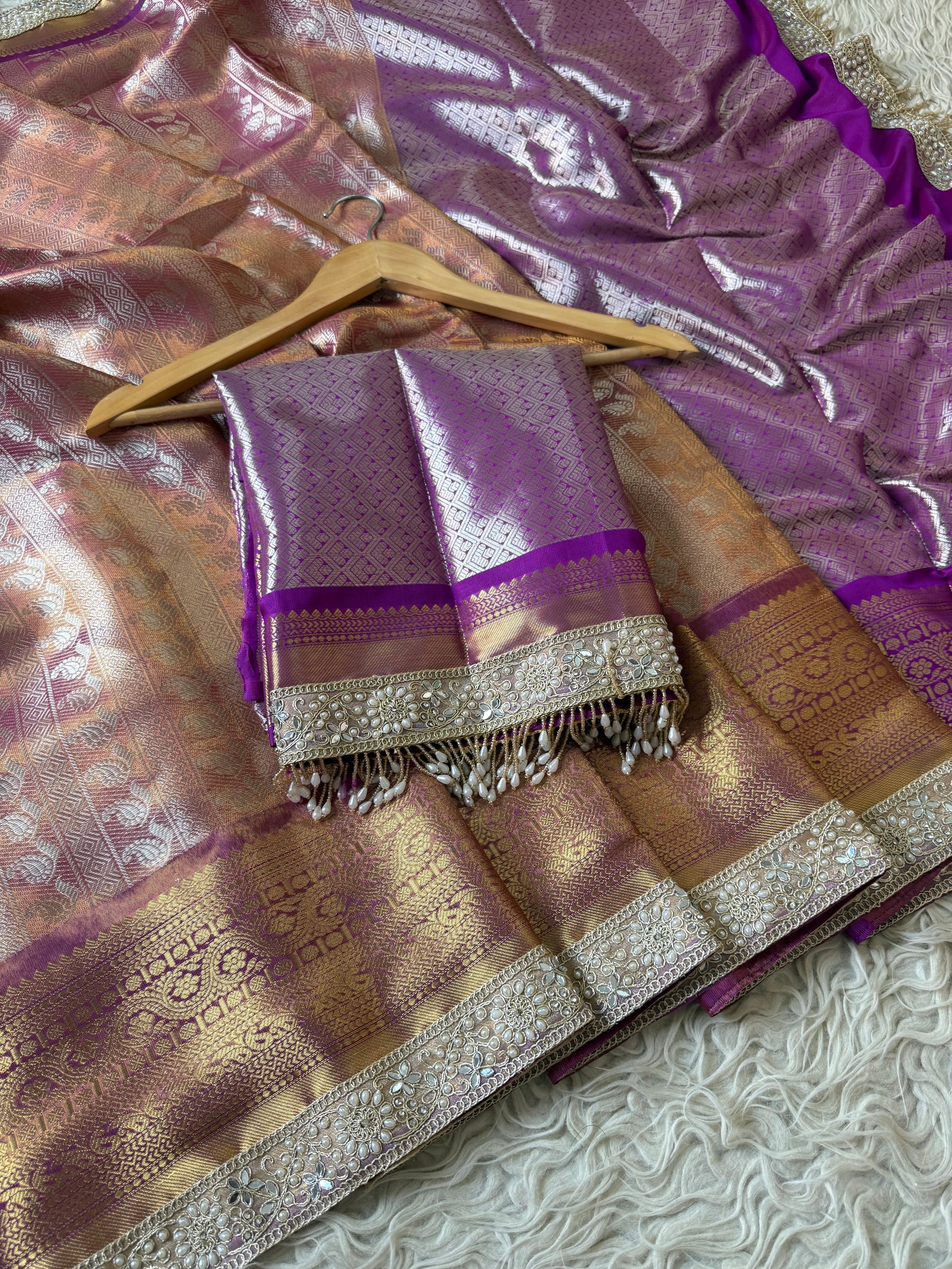 Magenta Bridal Kanjeevaram Brocade Tissue Saree with Designer Pearl and Mirror Lace Work Jhalar Lace on Pallu