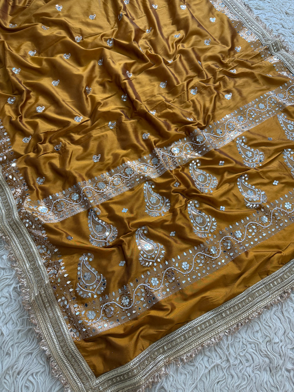 Designer Banarasi katan Saree with Pearl and mirror Work on all over Body with Intricate Border and Pallu Design Along with Gotta Patti Lace Work