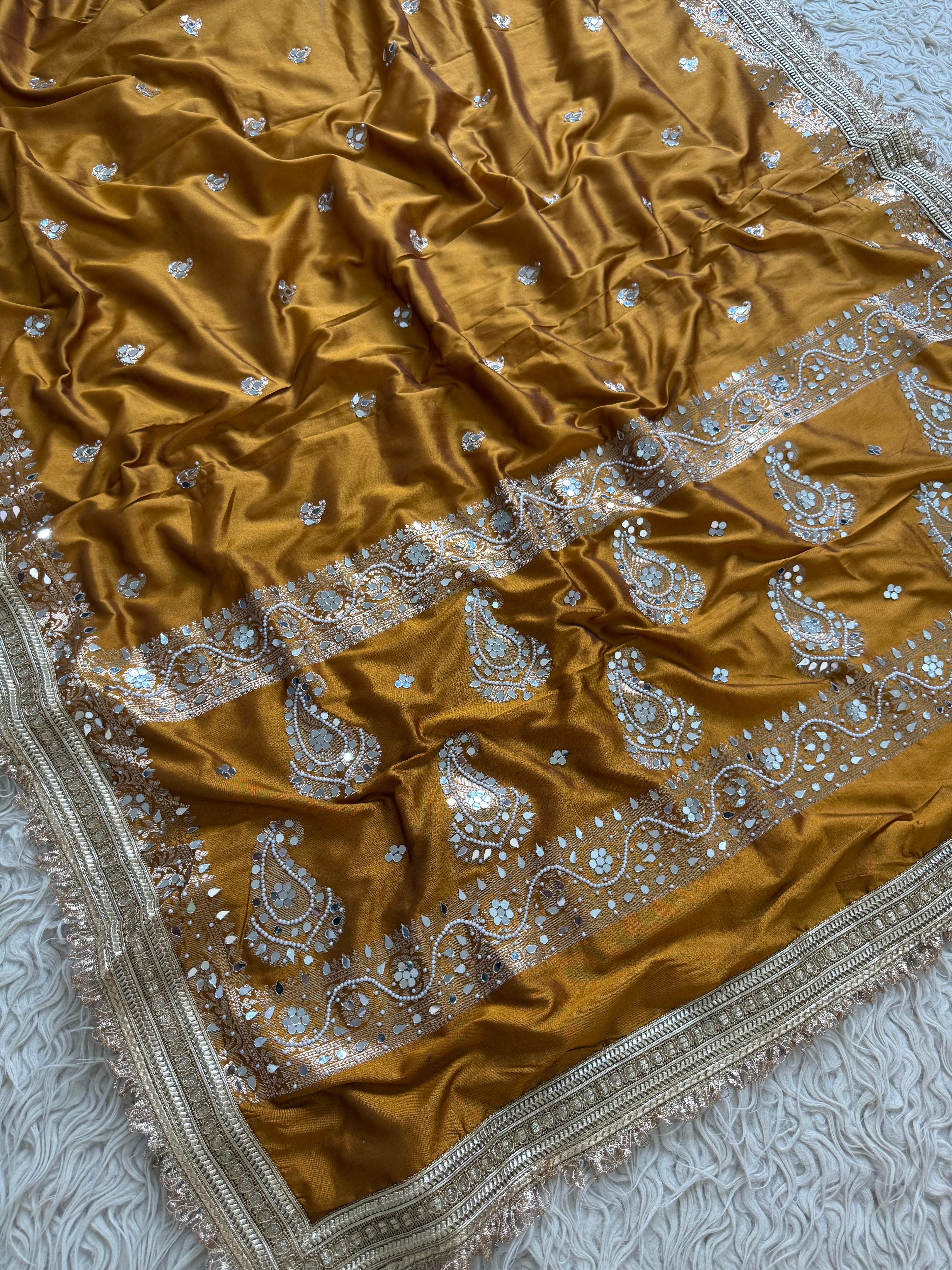 Designer Banarasi katan Saree with Pearl and mirror Work on all over Body with Intricate Border and Pallu Design Along with Gotta Patti Lace Work