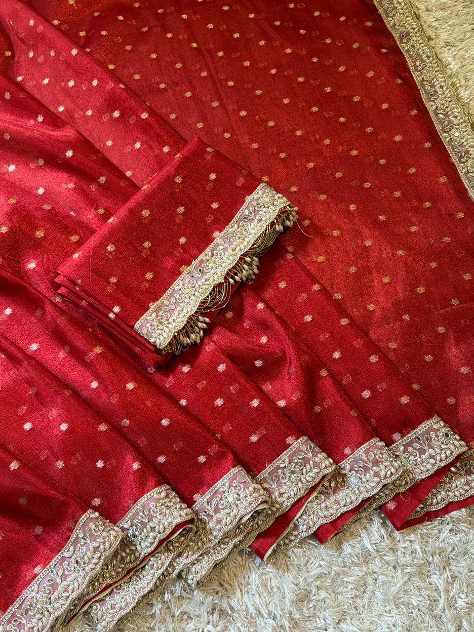 Red buti Banarasi Tissue Saree with Designer Pearl and Mirror Lace Work Jhalar Lace on Pallu