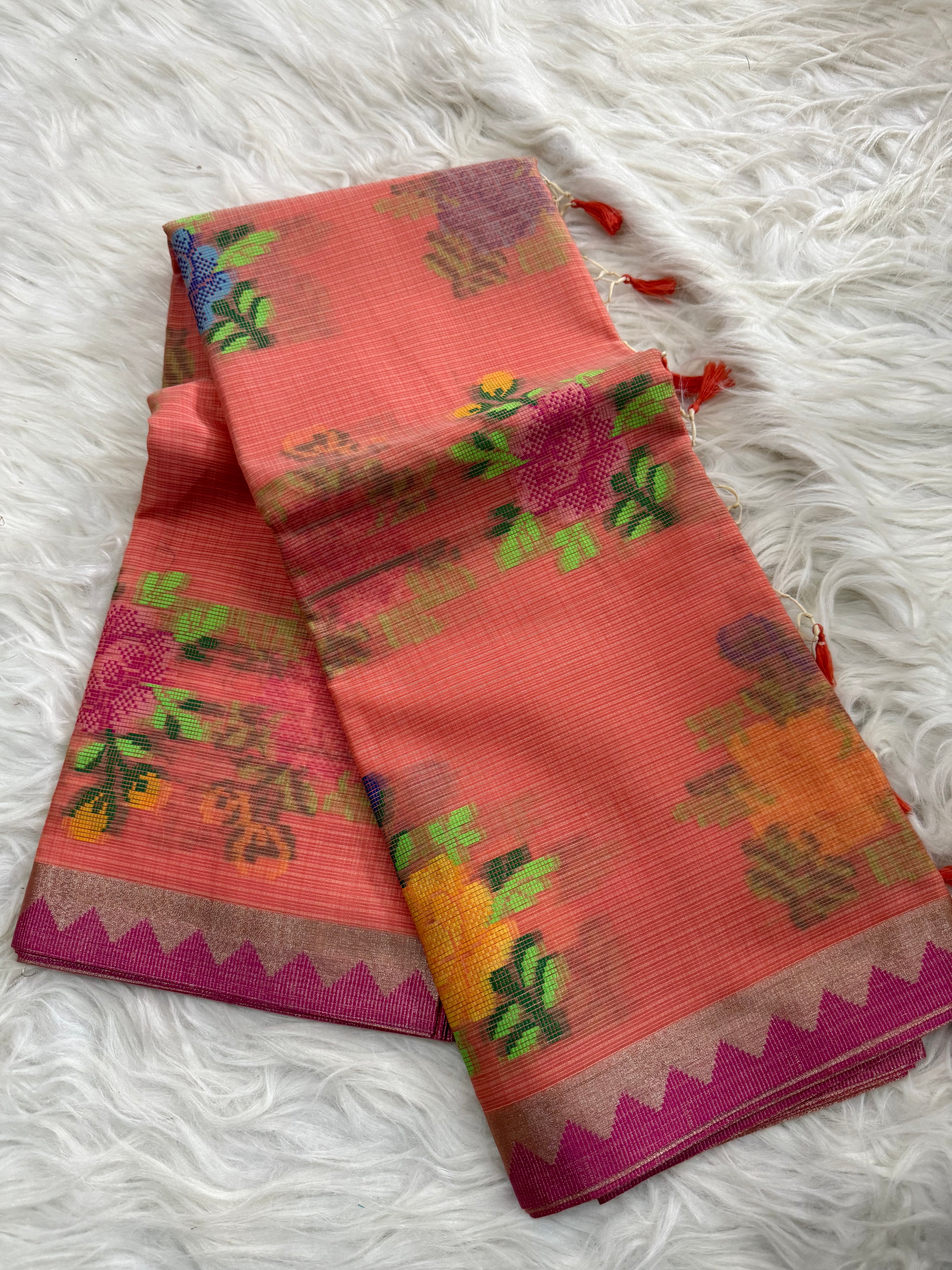 Multi color floral Buta linen cotton saree