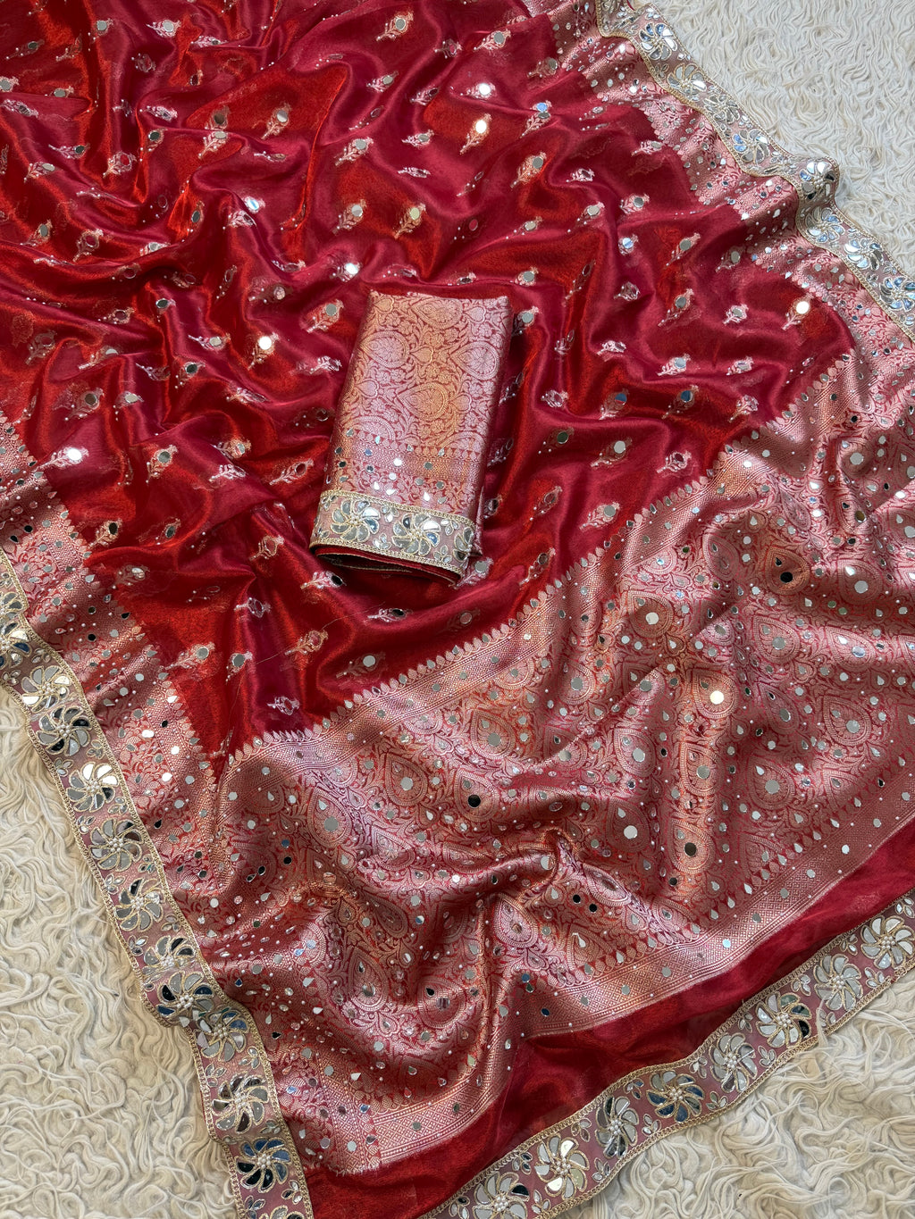 Designer Banarasi Tissue Saree with Pearl and mirror Work on all over Body with Intricate Border and Pallu Design Along with Gotta Patti Lace Work