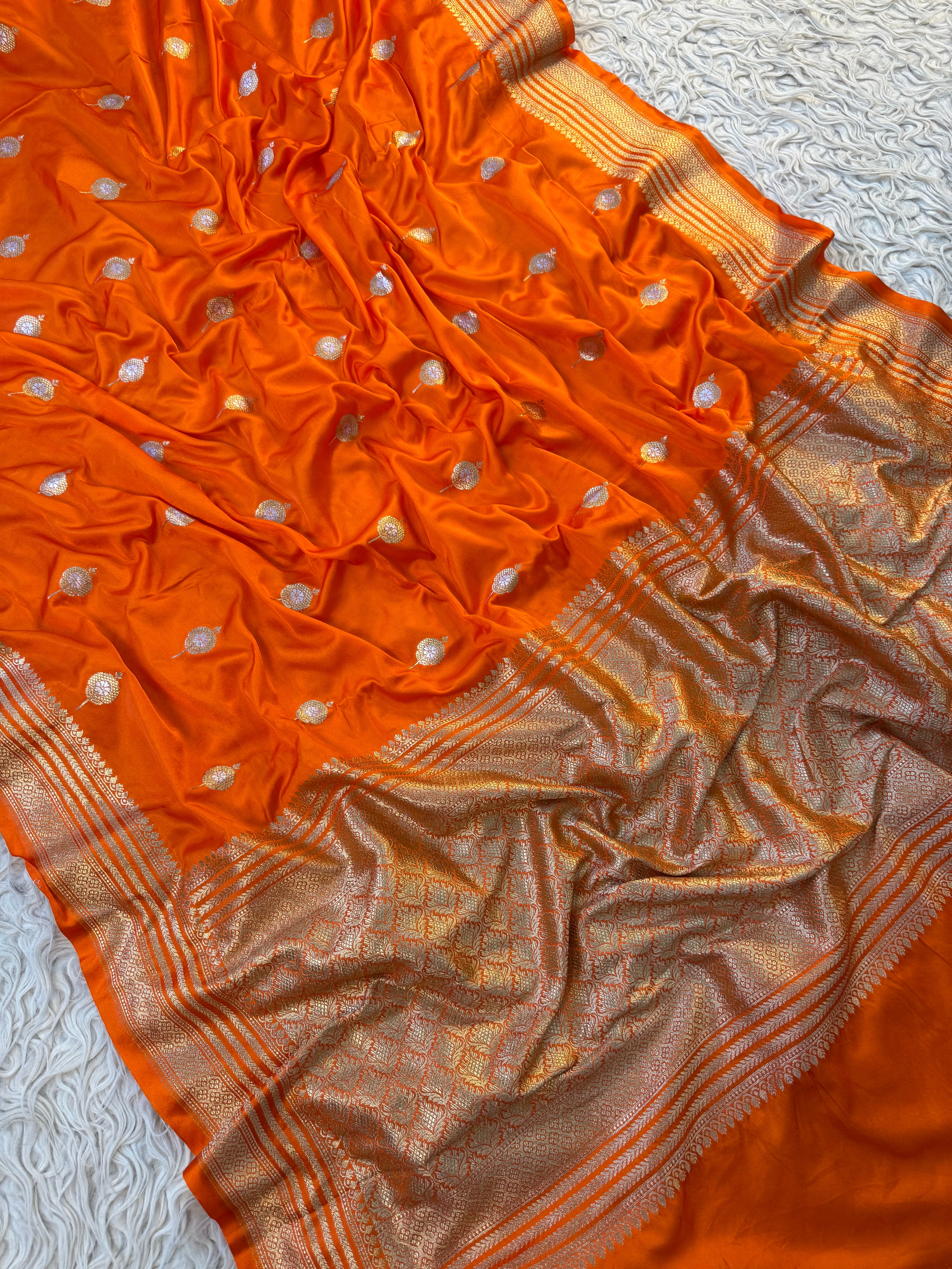 Rare cosmic orange shade Banarasi Mashru Silk Saree All Over Alfi Meena Buta