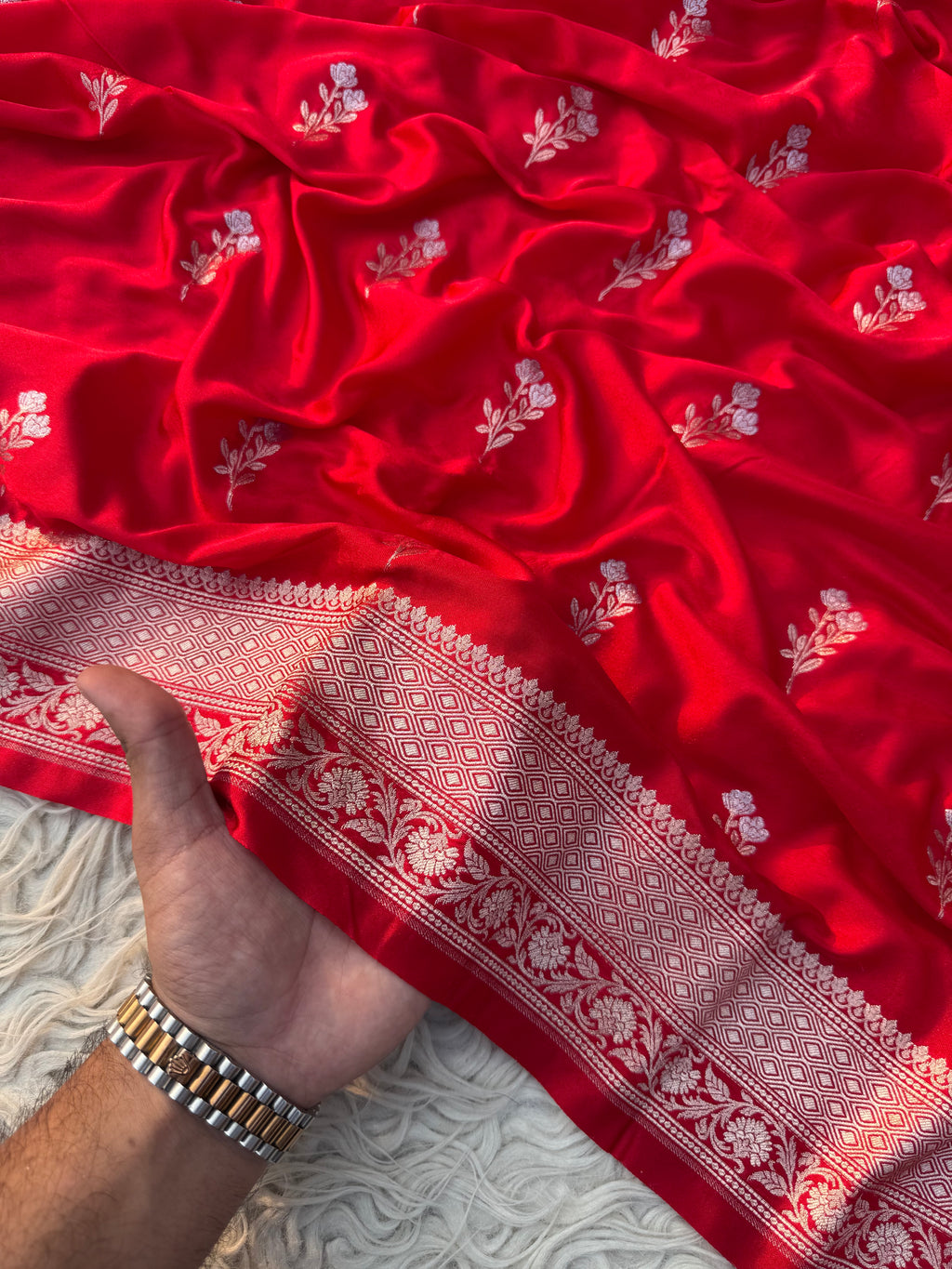 Red Banarasi Mashru Silk Saree All Over Alfi Meena Buta
