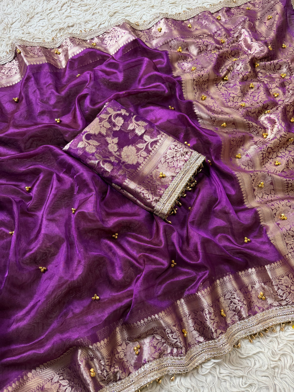 Deep purple Banarasi tissue saree X ghungroo work