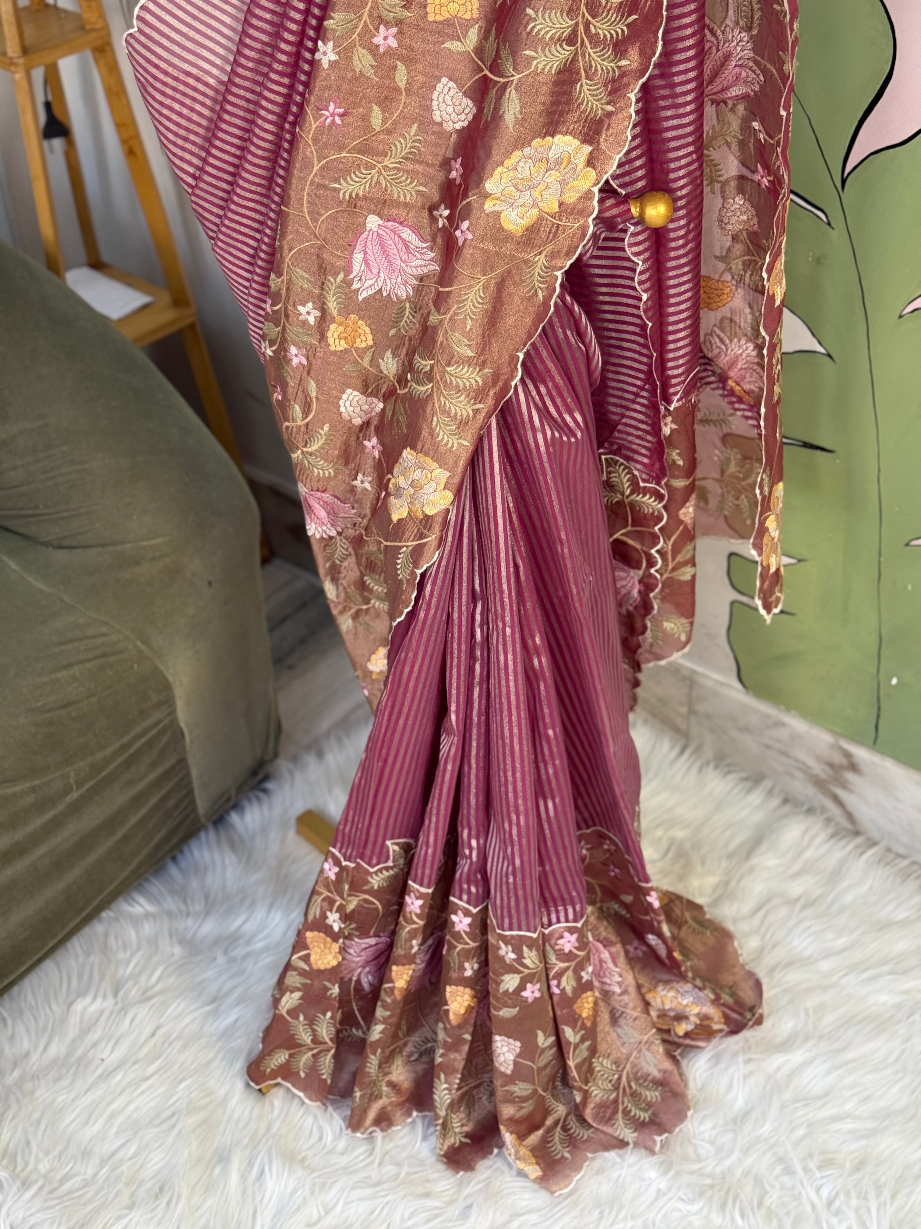 Pink Designer Chiniya Tissue Silk Stripe Saree with multi color floral embroidered on Tissue Base