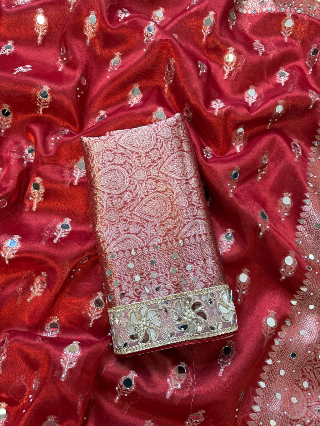 Designer Banarasi Tissue Saree with Pearl and mirror Work on all over Body with Intricate Border and Pallu Design Along with Gotta Patti Lace Work