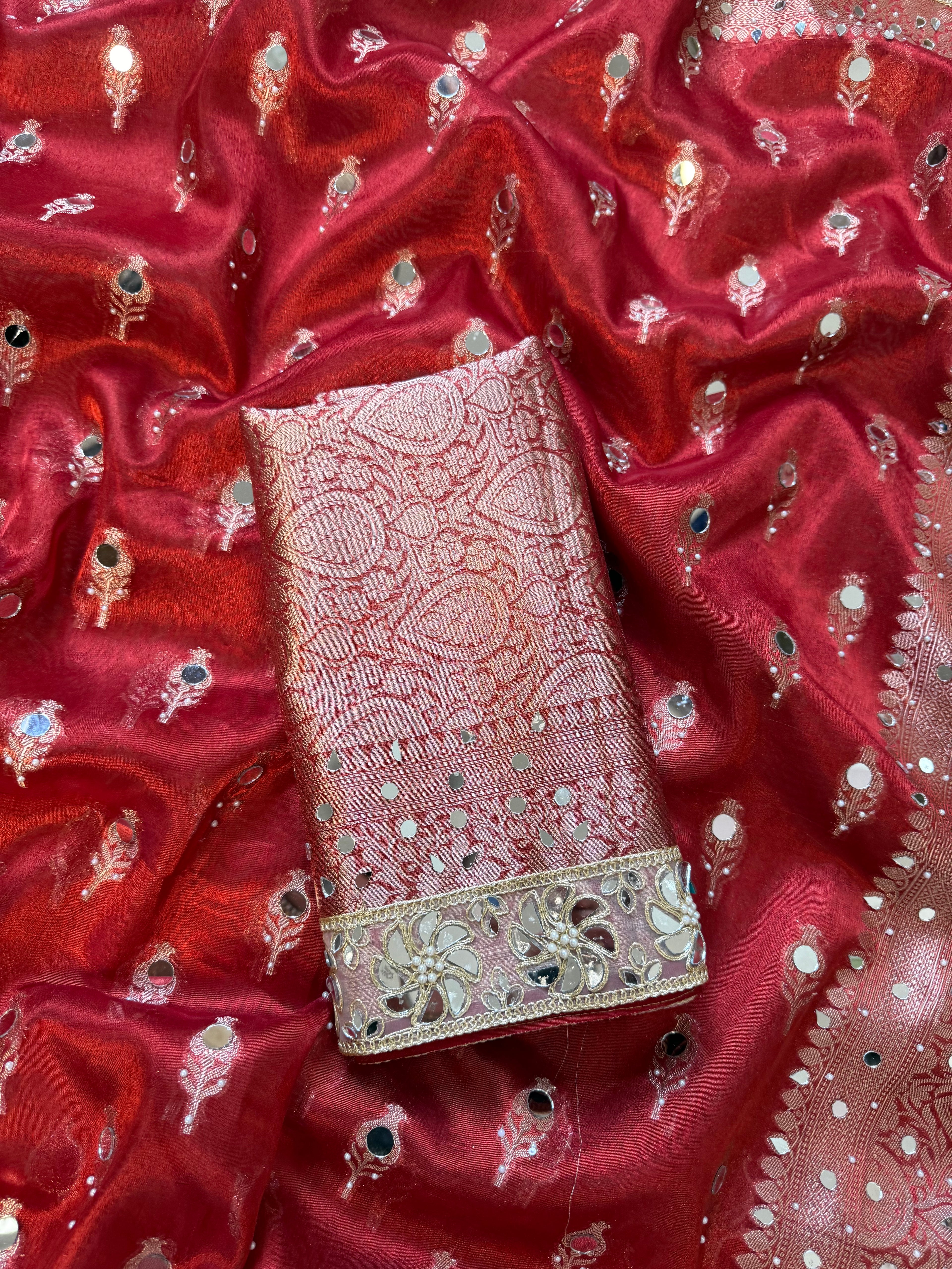 Designer Banarasi Tissue Saree with Pearl and mirror Work on all over Body with Intricate Border and Pallu Design Along with Gotta Patti Lace Work