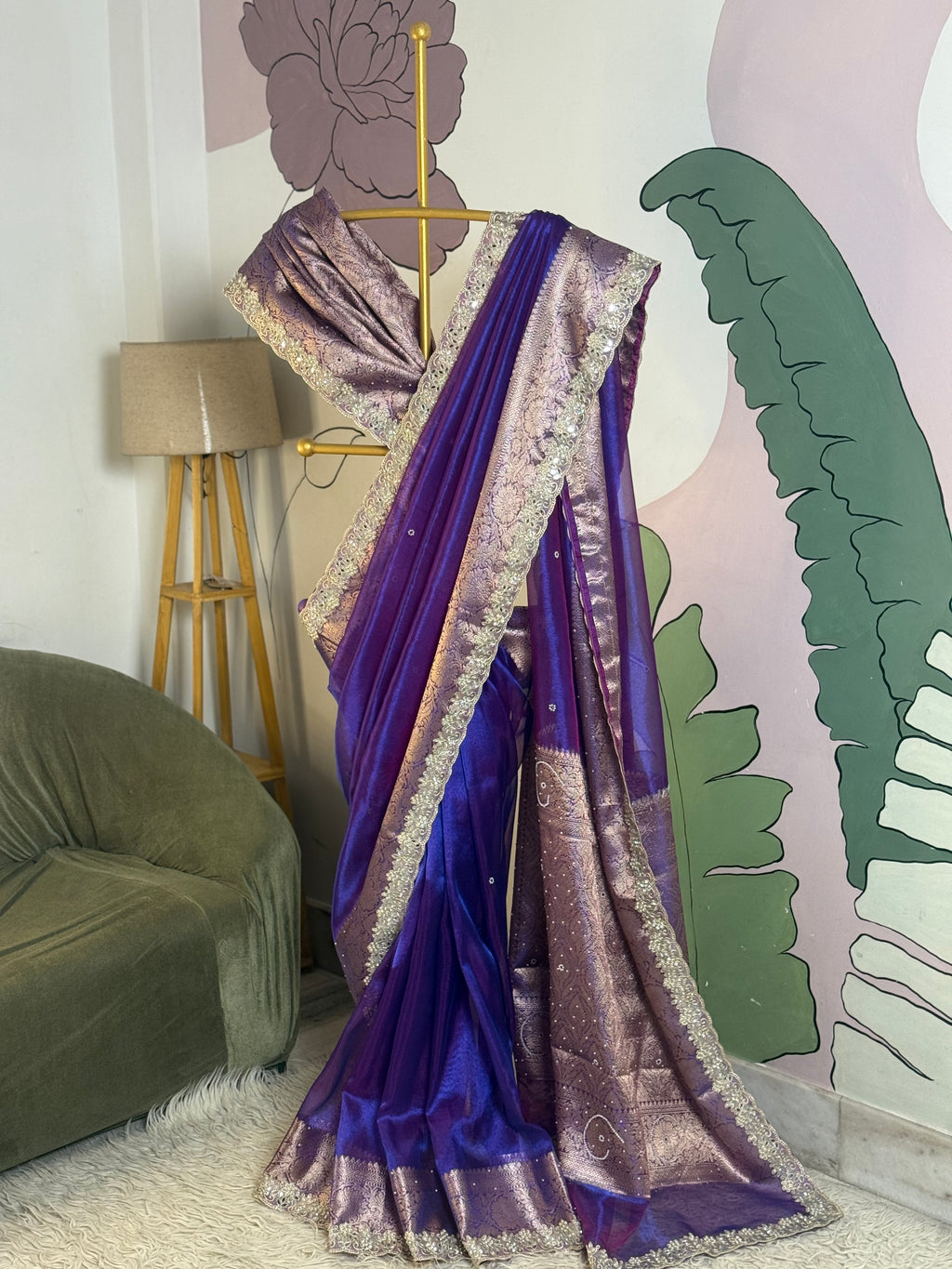 Designer Banarasi Tissue Saree with Pearl Work on all over Body with Intricate Border and Pallu Design Along with Gotta Patti Lace Work
