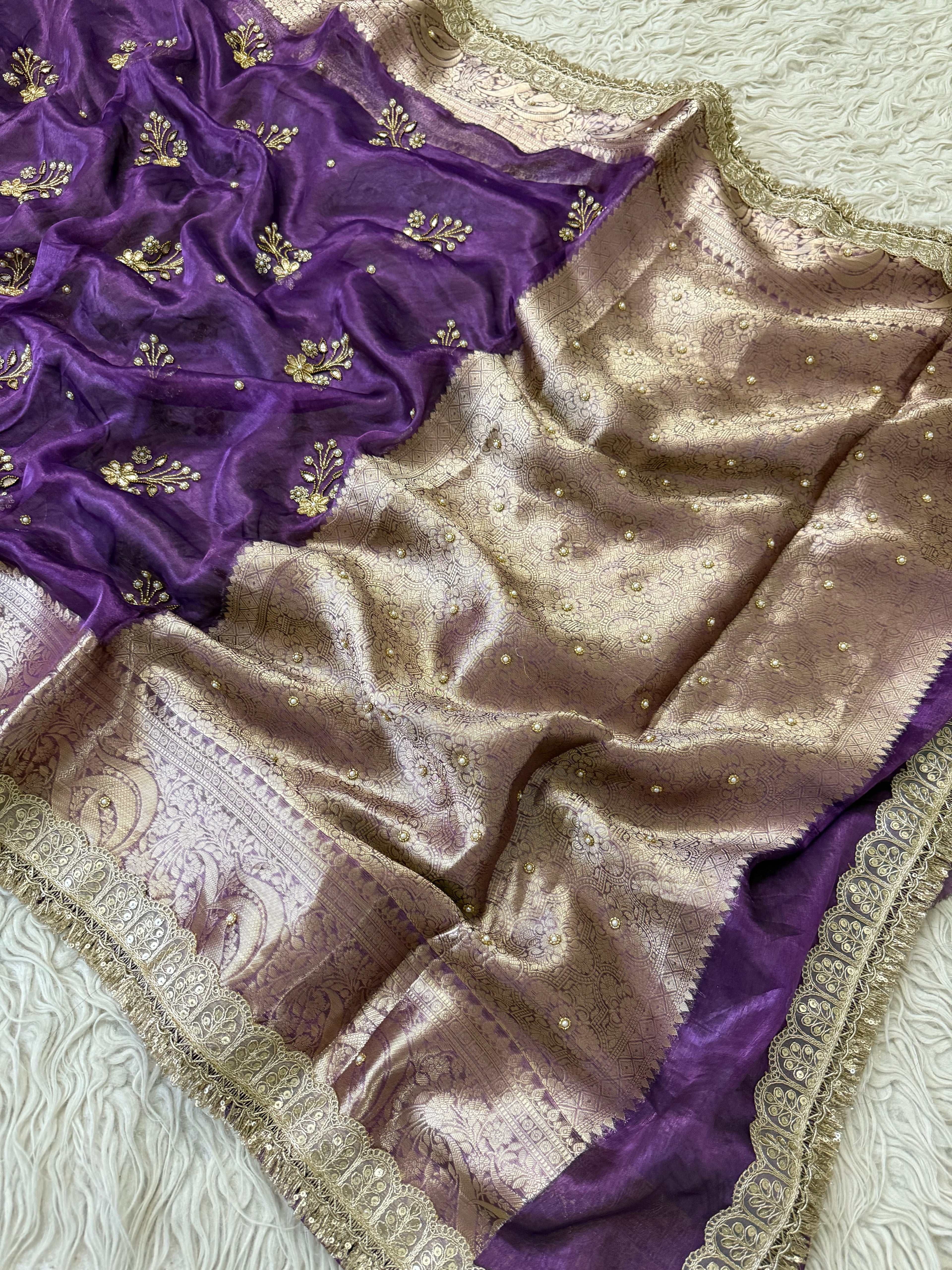 100%Pure Banarasi Tissue Saree with Hand Work on all over Body with Intricate Border and Pallu Design Along with Gotta Patti Lace Work