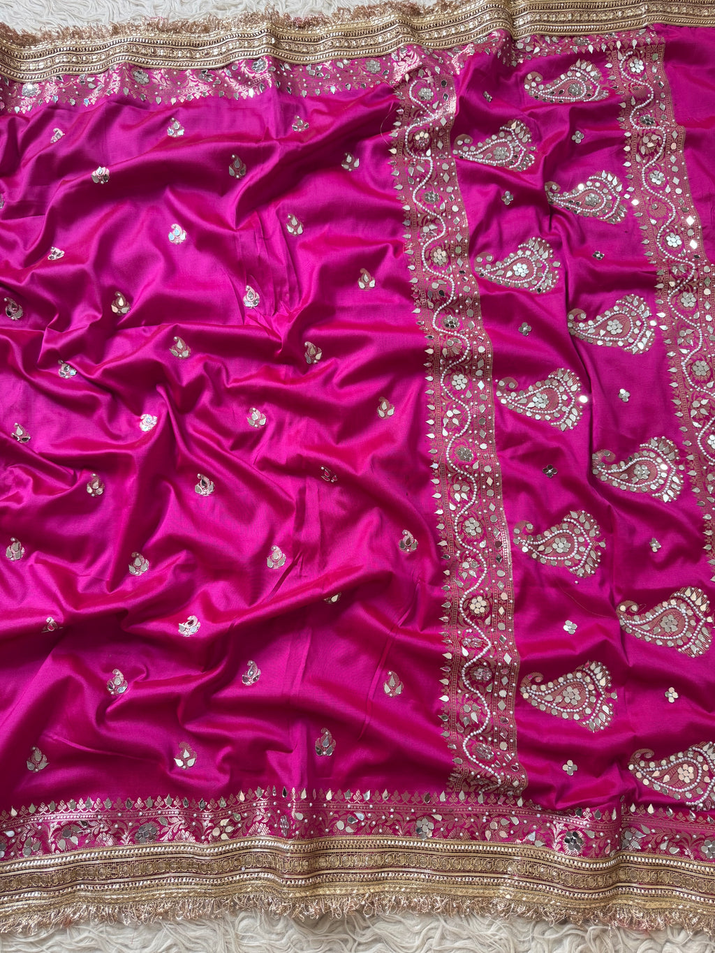 Designer Banarasi katan Saree with Pearl and mirror Work on all over Body with Intricate Border and Pallu Design Along with Gotta Patti Lace Work