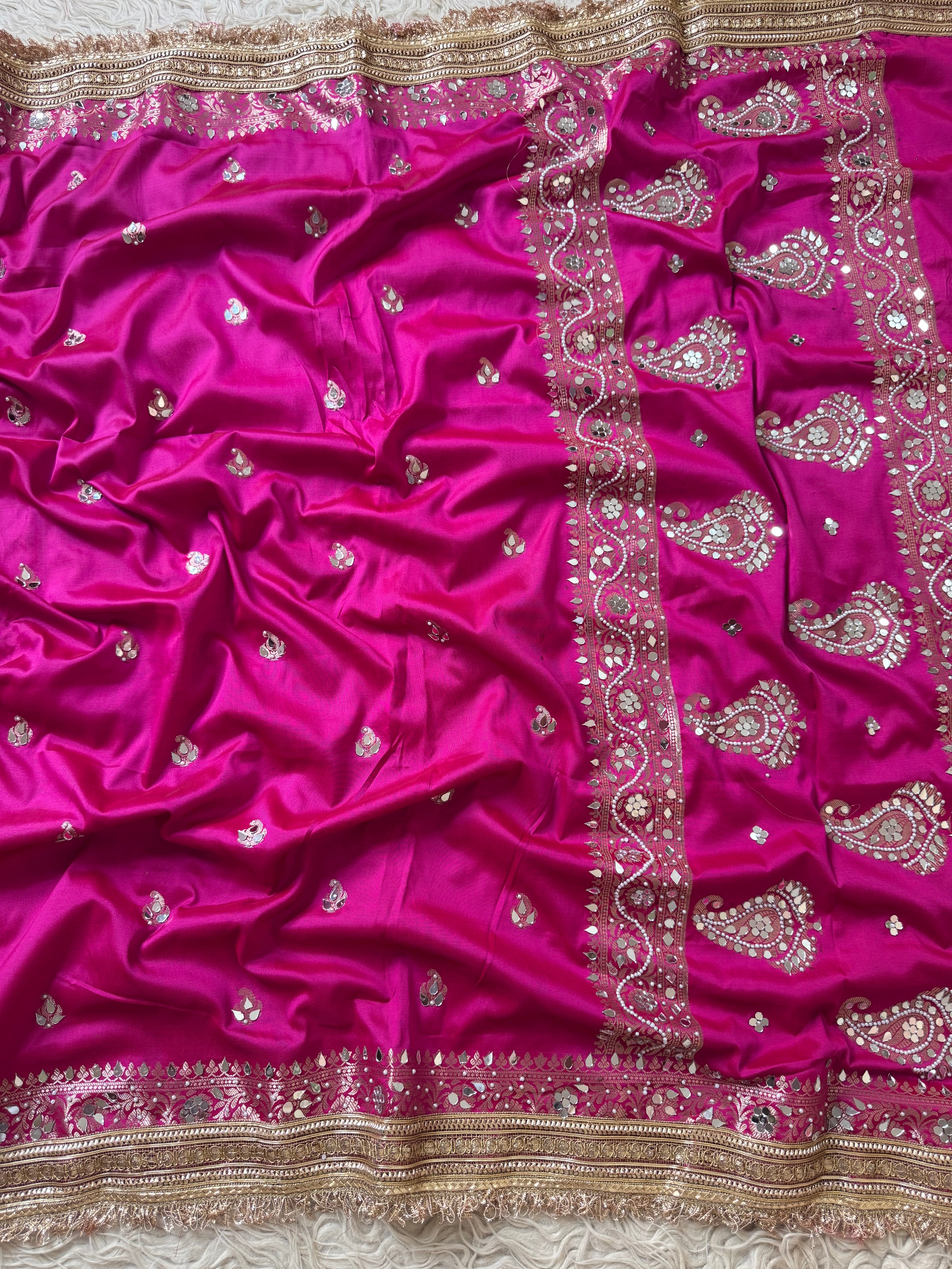 Designer Banarasi katan Saree with Pearl and mirror Work on all over Body with Intricate Border and Pallu Design Along with Gotta Patti Lace Work