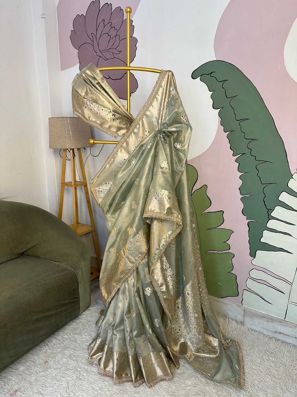 Sea Green Designer Banarasi Tissue Saree with mirror Work on all over Body with Intricate Border and Pallu Design Along with heavy mirror work and Gotta Patti Lace Work
