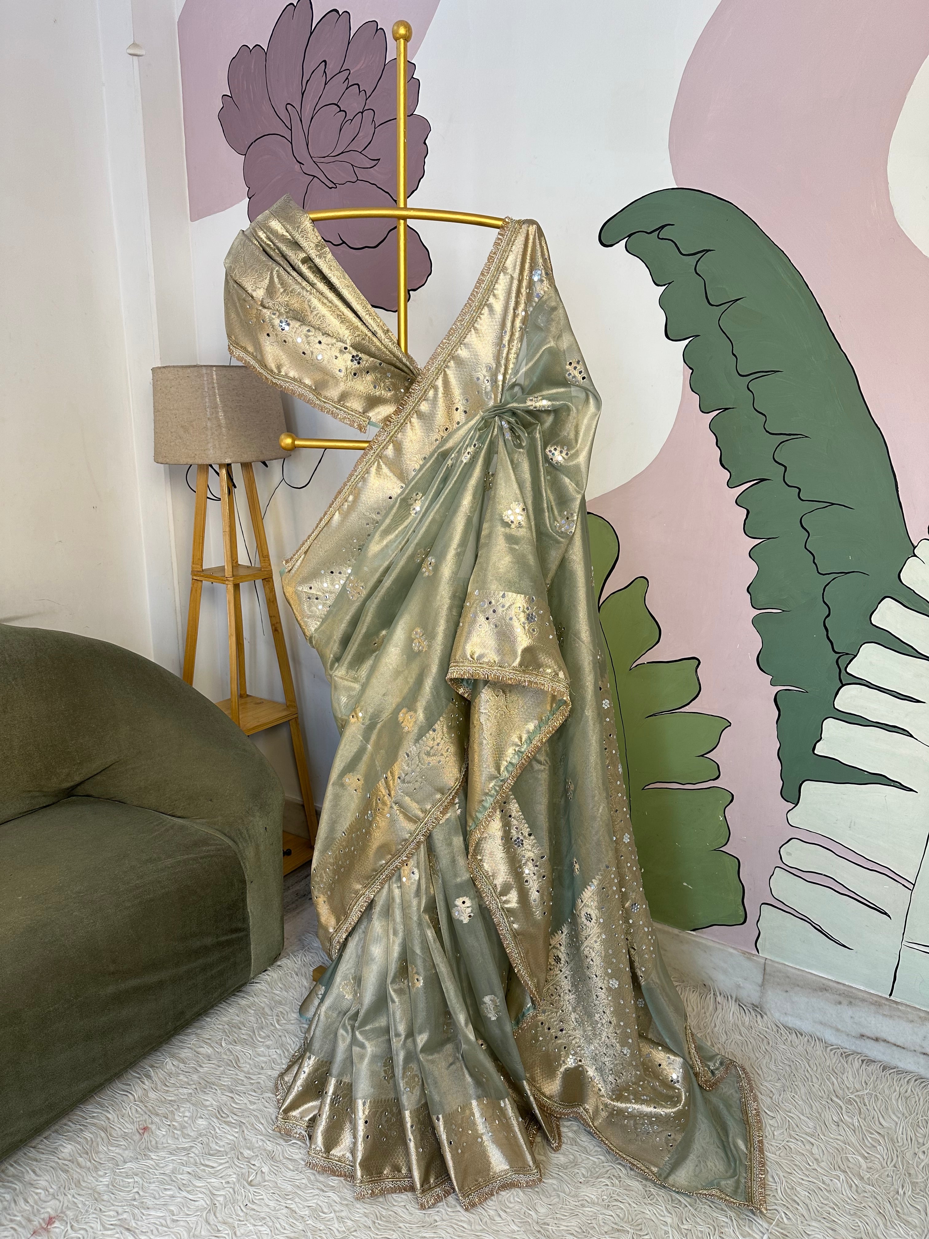 Sea Green Designer Banarasi Tissue Saree with mirror Work on all over Body with Intricate Border and Pallu Design Along with heavy mirror work and Gotta Patti Lace Work