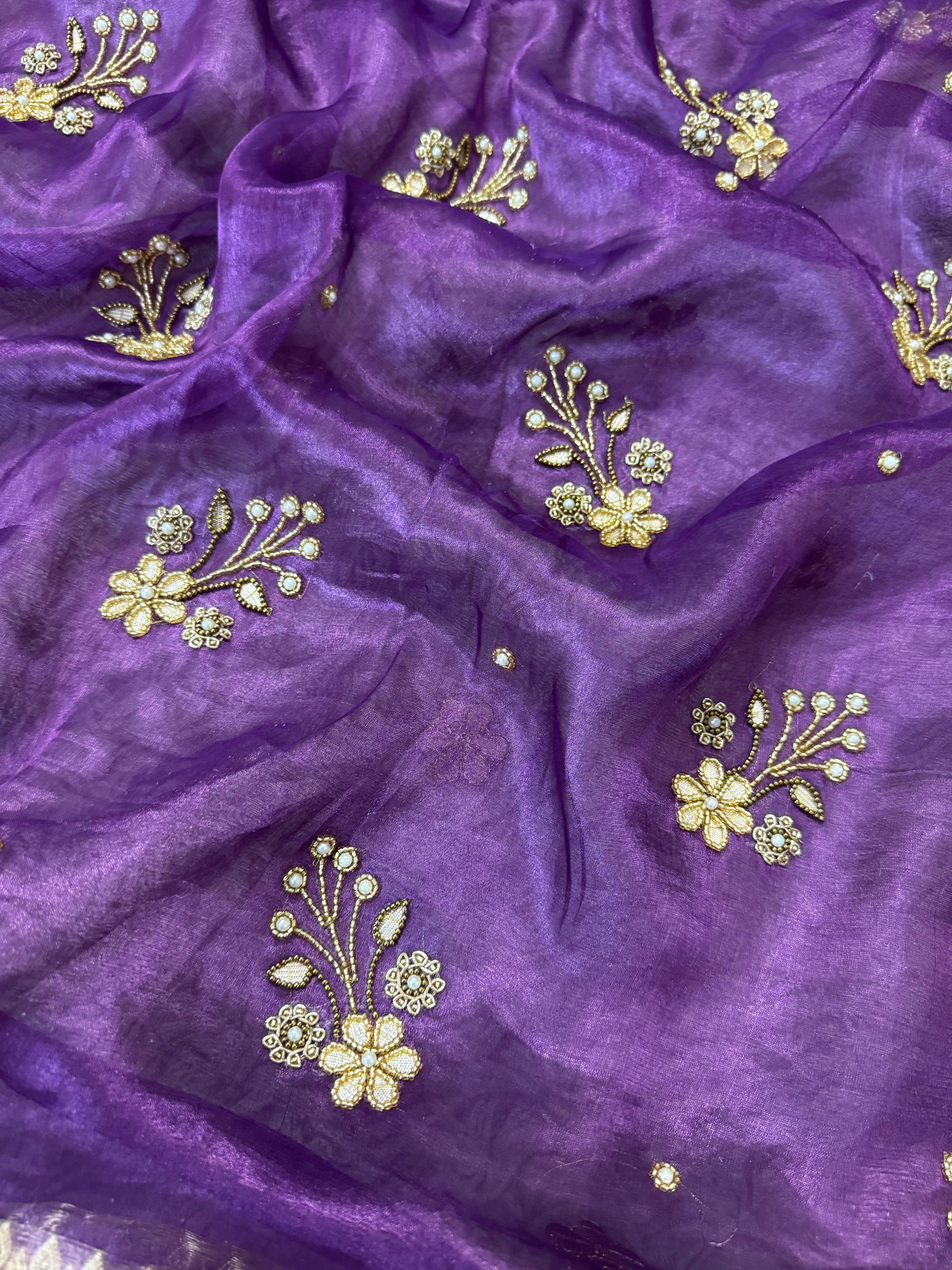 100%Pure Banarasi Tissue Saree with Hand Work on all over Body with Intricate Border and Pallu Design Along with Gotta Patti Lace Work